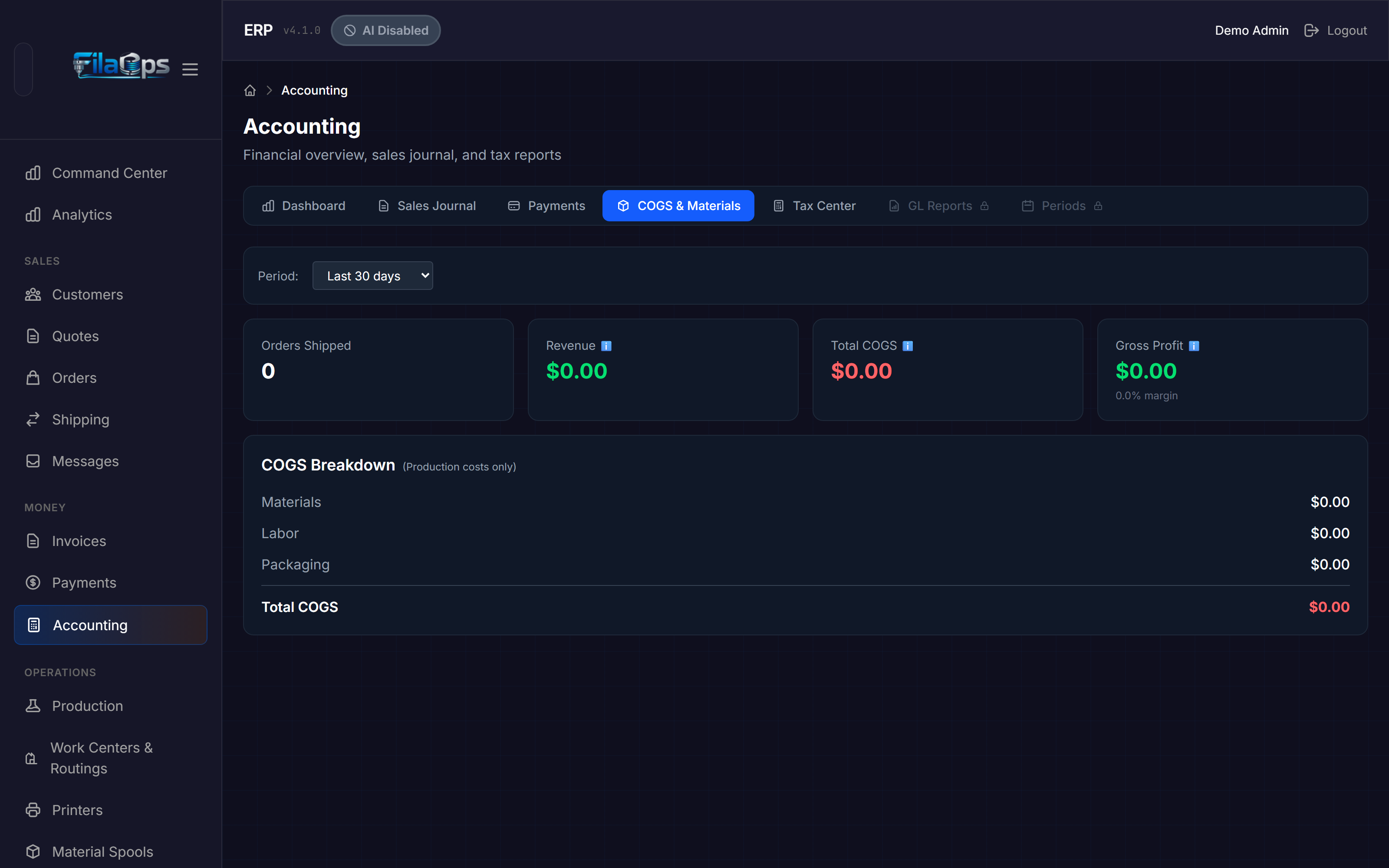 COGS tab with period dropdown set to Last 30 days, four summary cards, and a COGS Breakdown section showing Materials, Labor, Packaging, and Total COGS