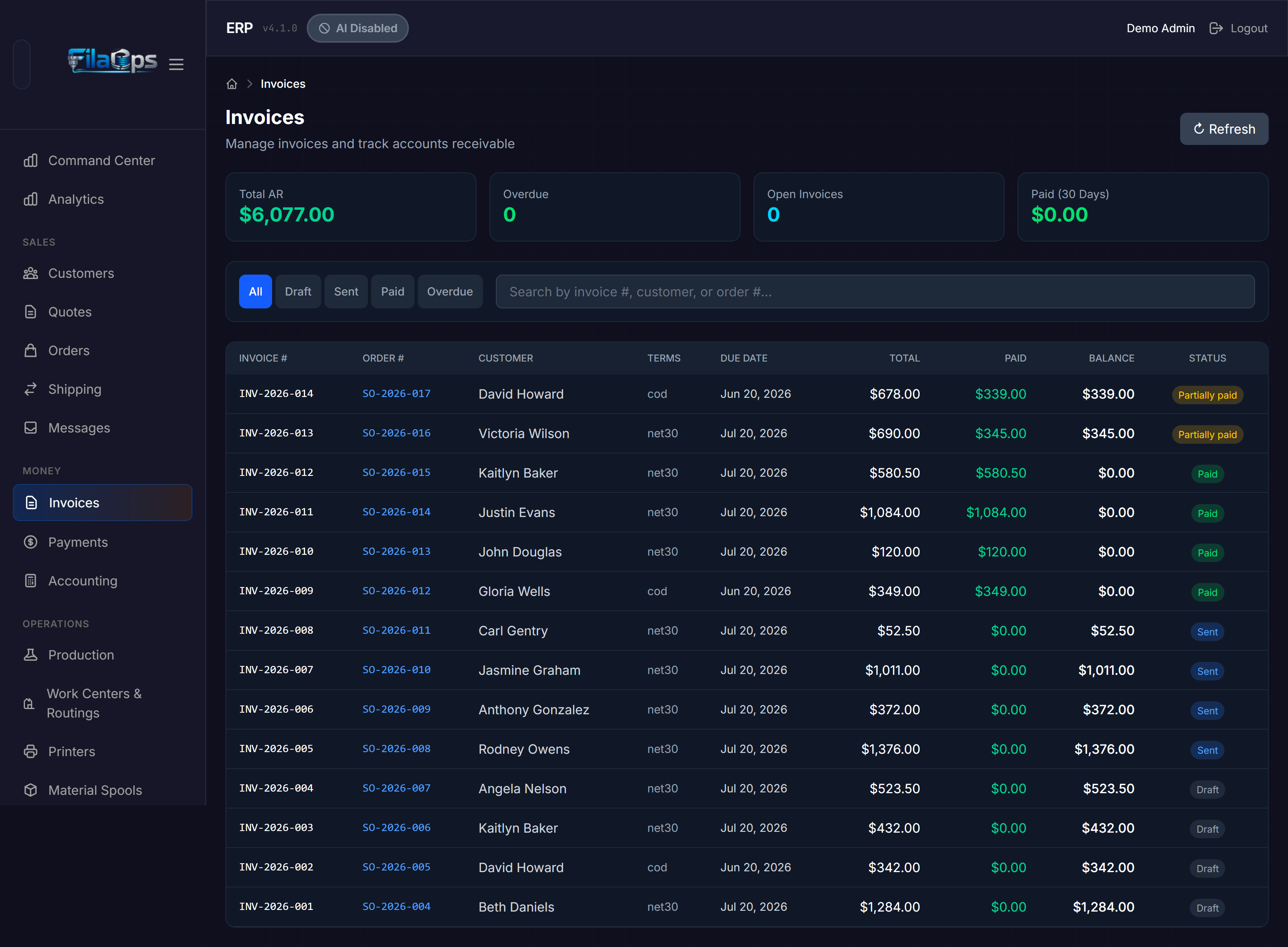 Invoices page showing four summary stat cards (Total AR, Overdue, Open Invoices, Paid last 30 days), status filter tabs (All/Draft/Sent/Paid/Overdue), a search bar, and an invoices table