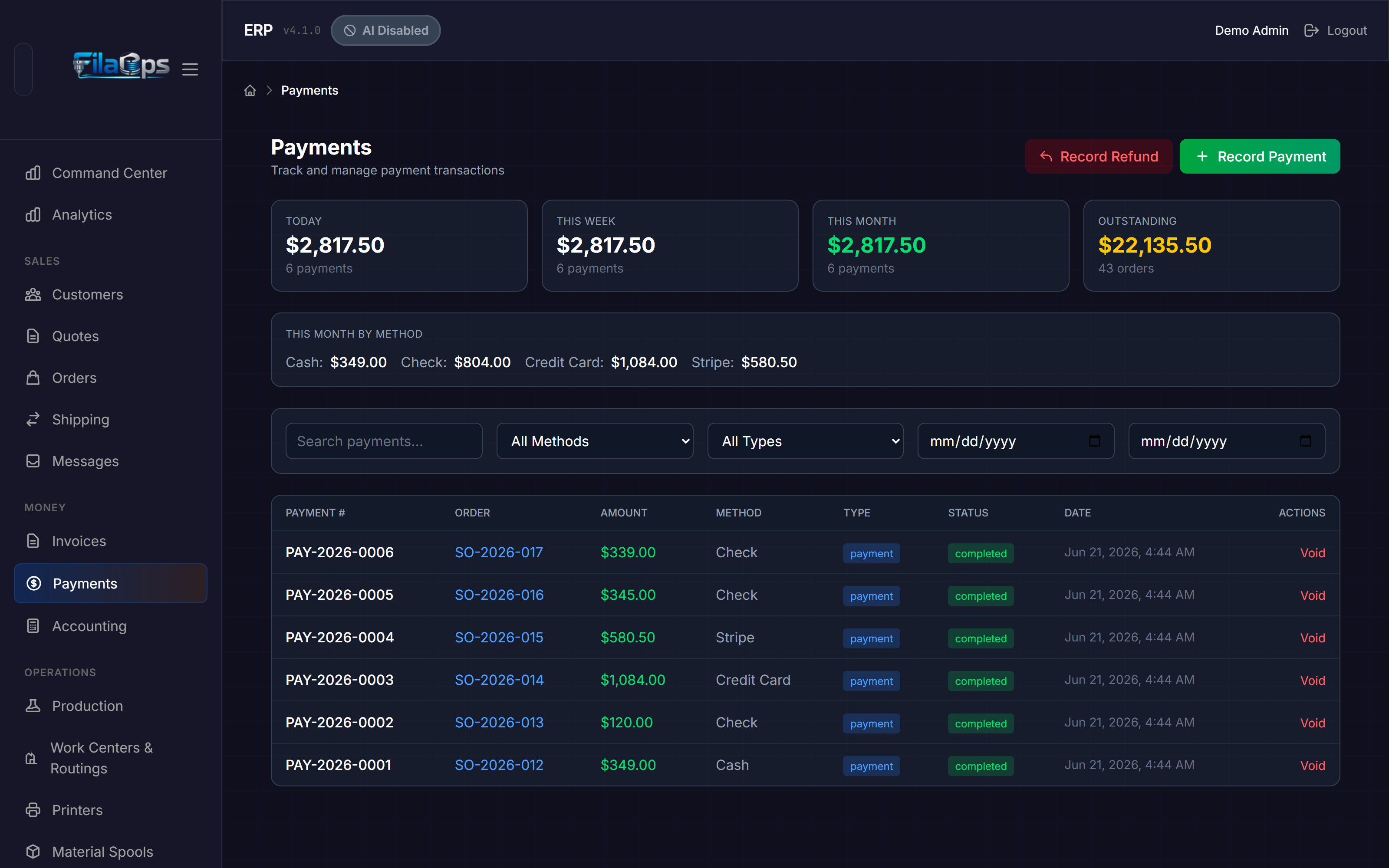 Payments page with four KPI cards (Today, This Week, This Month, Outstanding), a payment method breakdown bar, filter controls, and the payments table with Void action