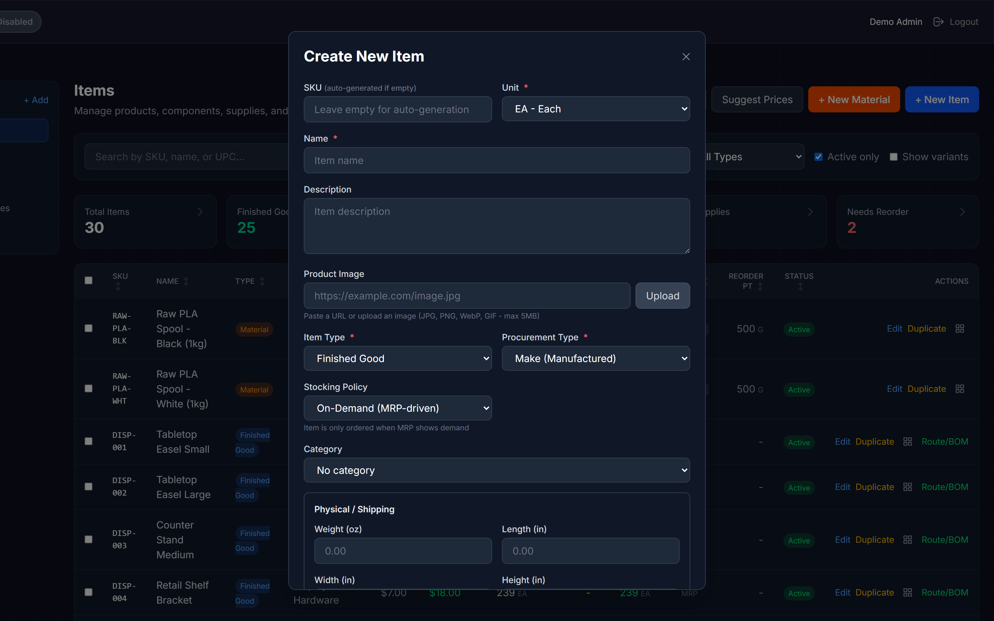 New Item modal showing fields for SKU, name, type, procurement type, stocking policy, and image upload
