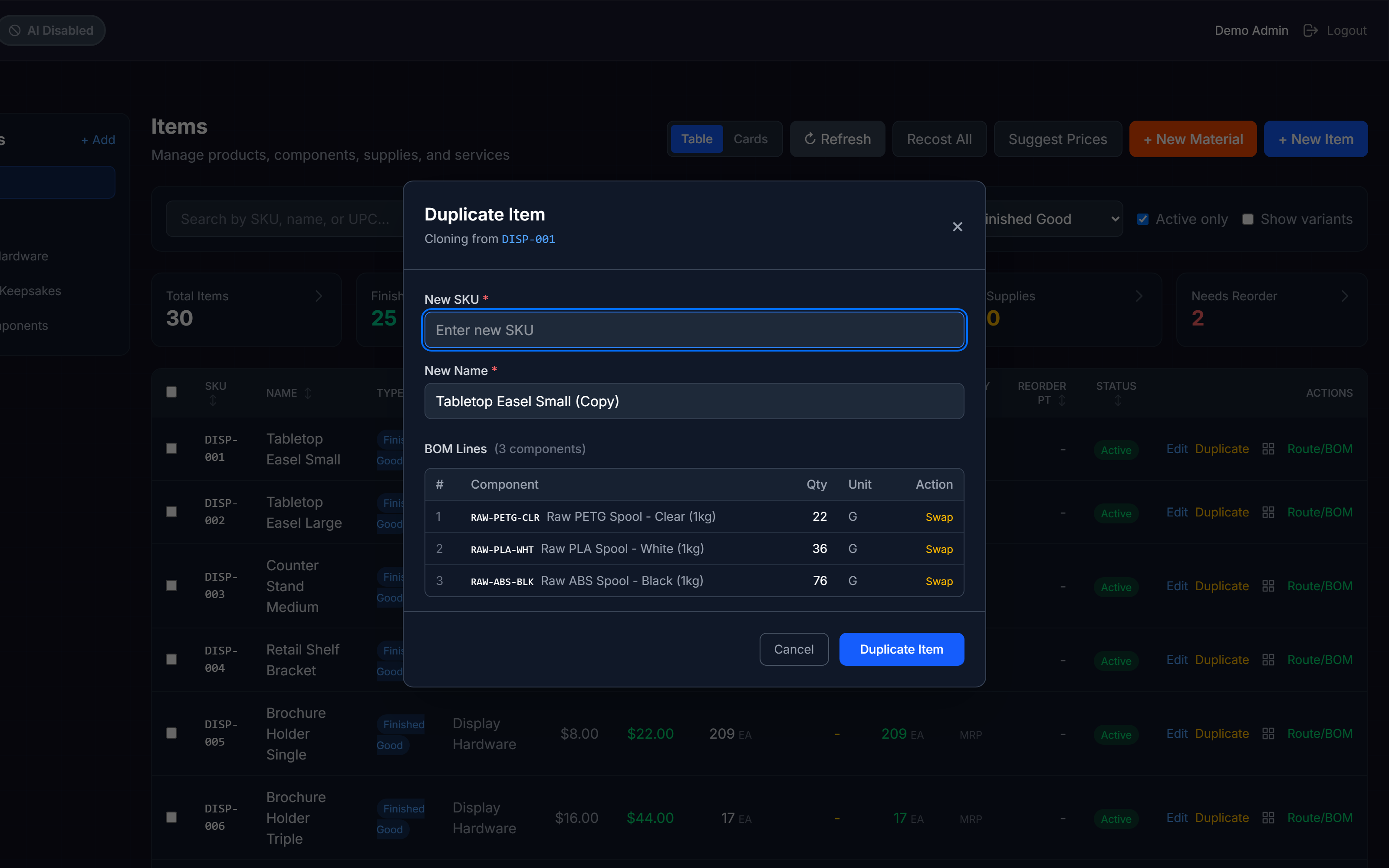Duplicate Item modal showing new SKU, new name, and BOM lines with Swap buttons