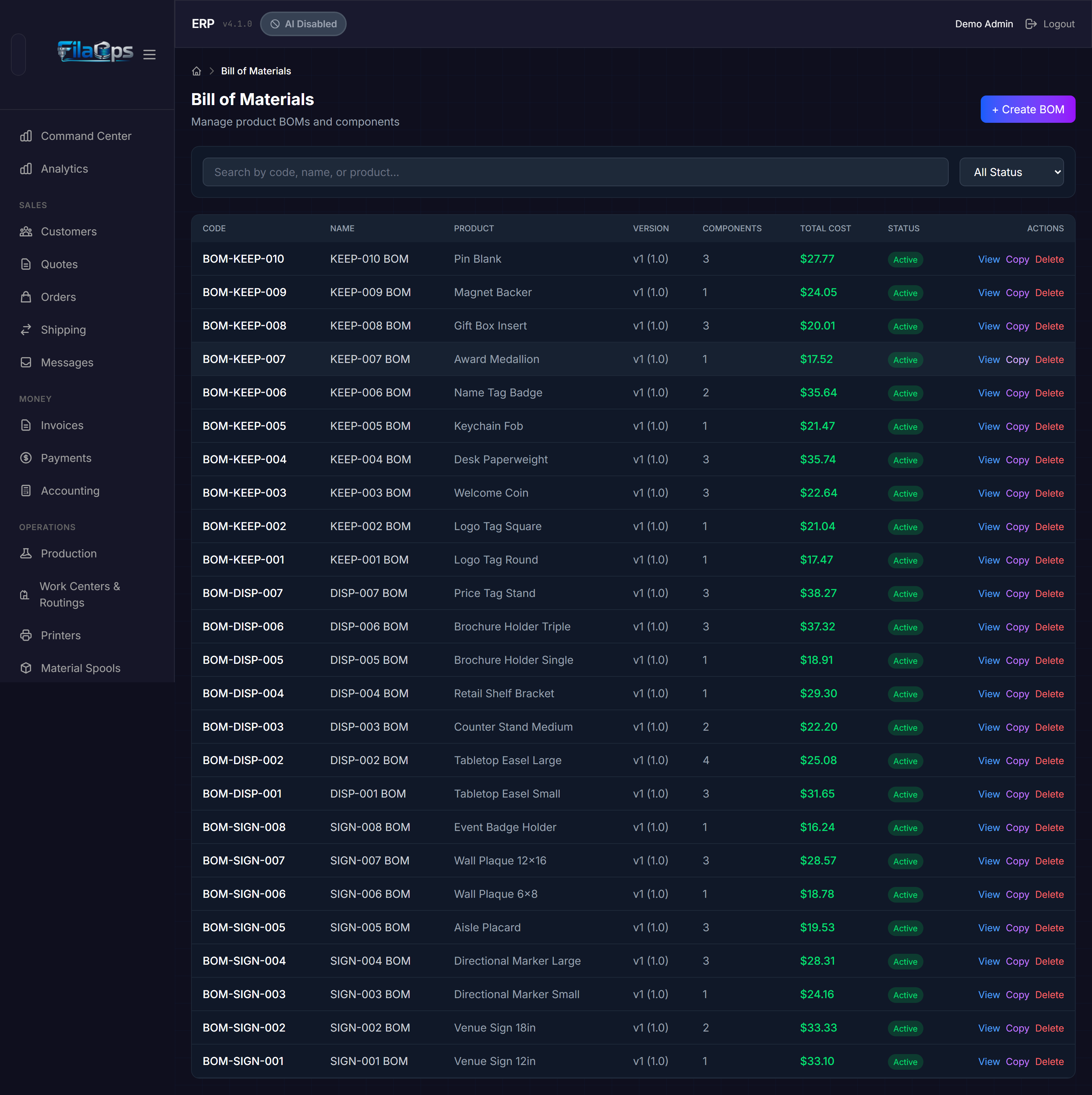 BOM list page with search filter, status filter, and + Create BOM button
