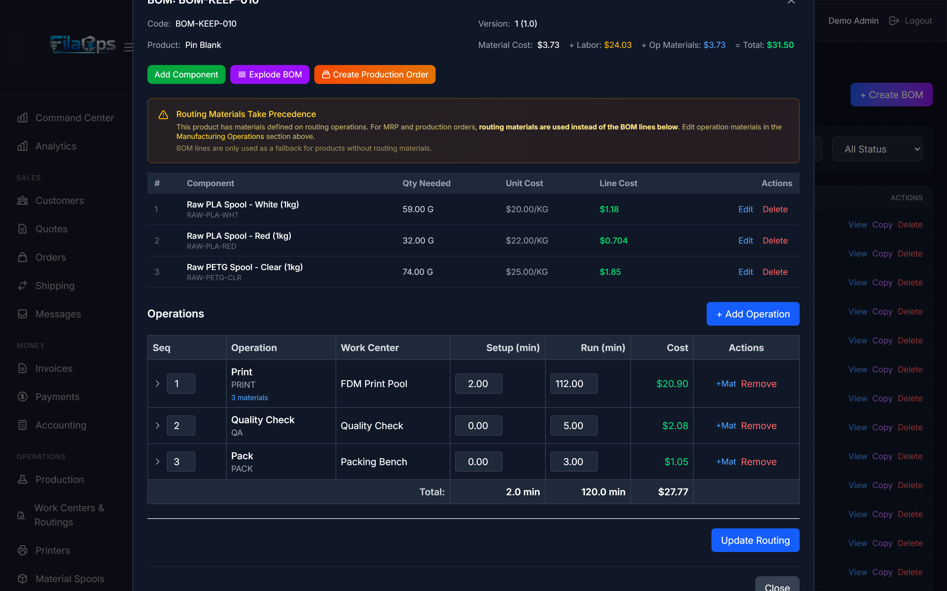 BOM detail view showing component lines, cost breakdown, and Create Production Order button