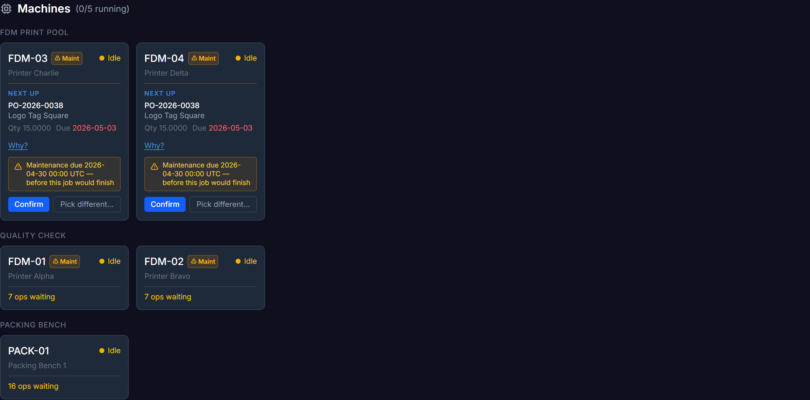 Command Center — Machine Status Grid with running and idle printers