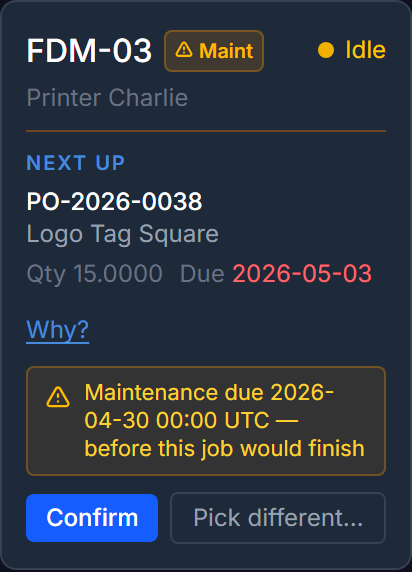 Command Center — Dispatch chip on an idle machine card
