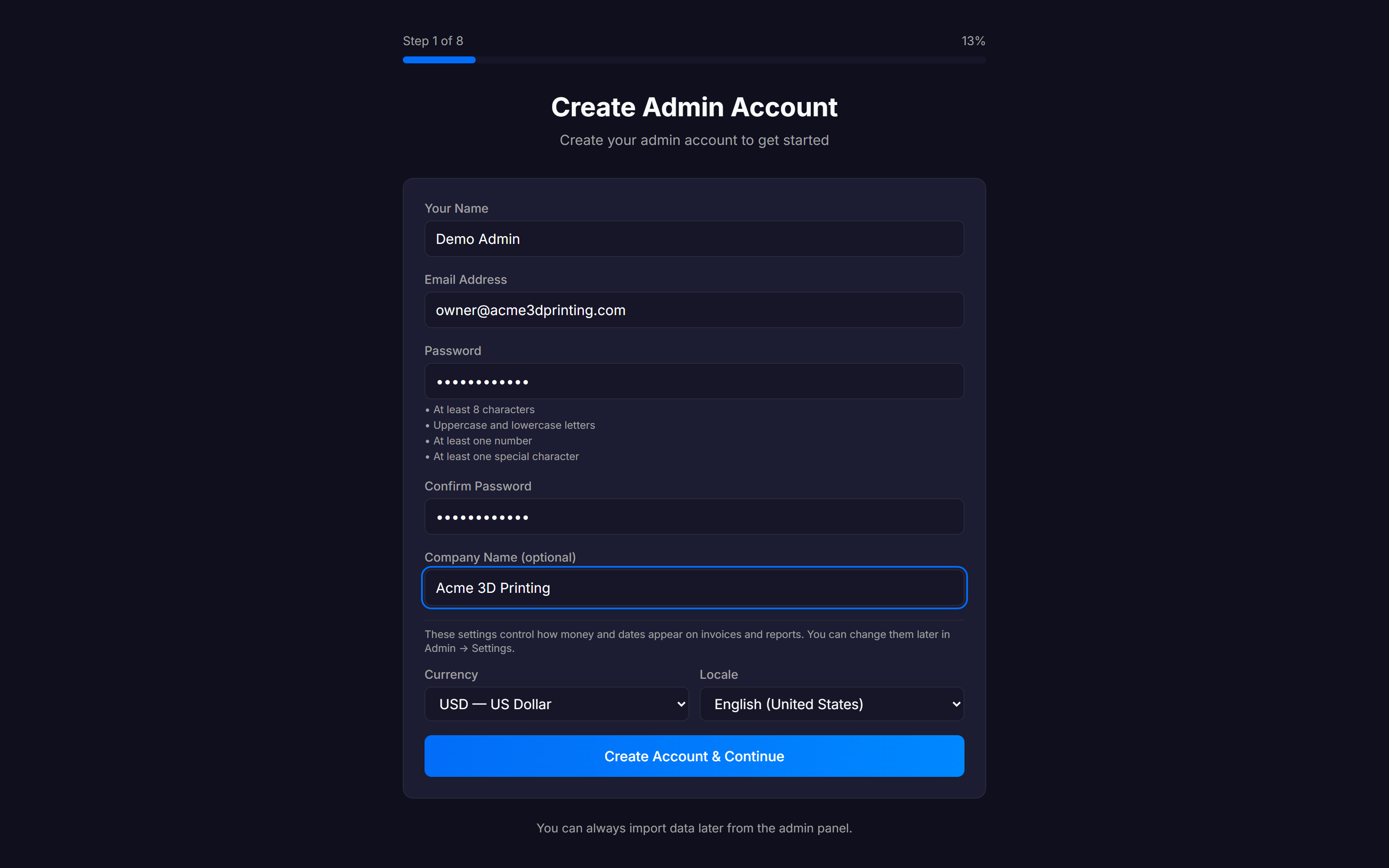 Setup wizard Step 1 — Create Admin Account