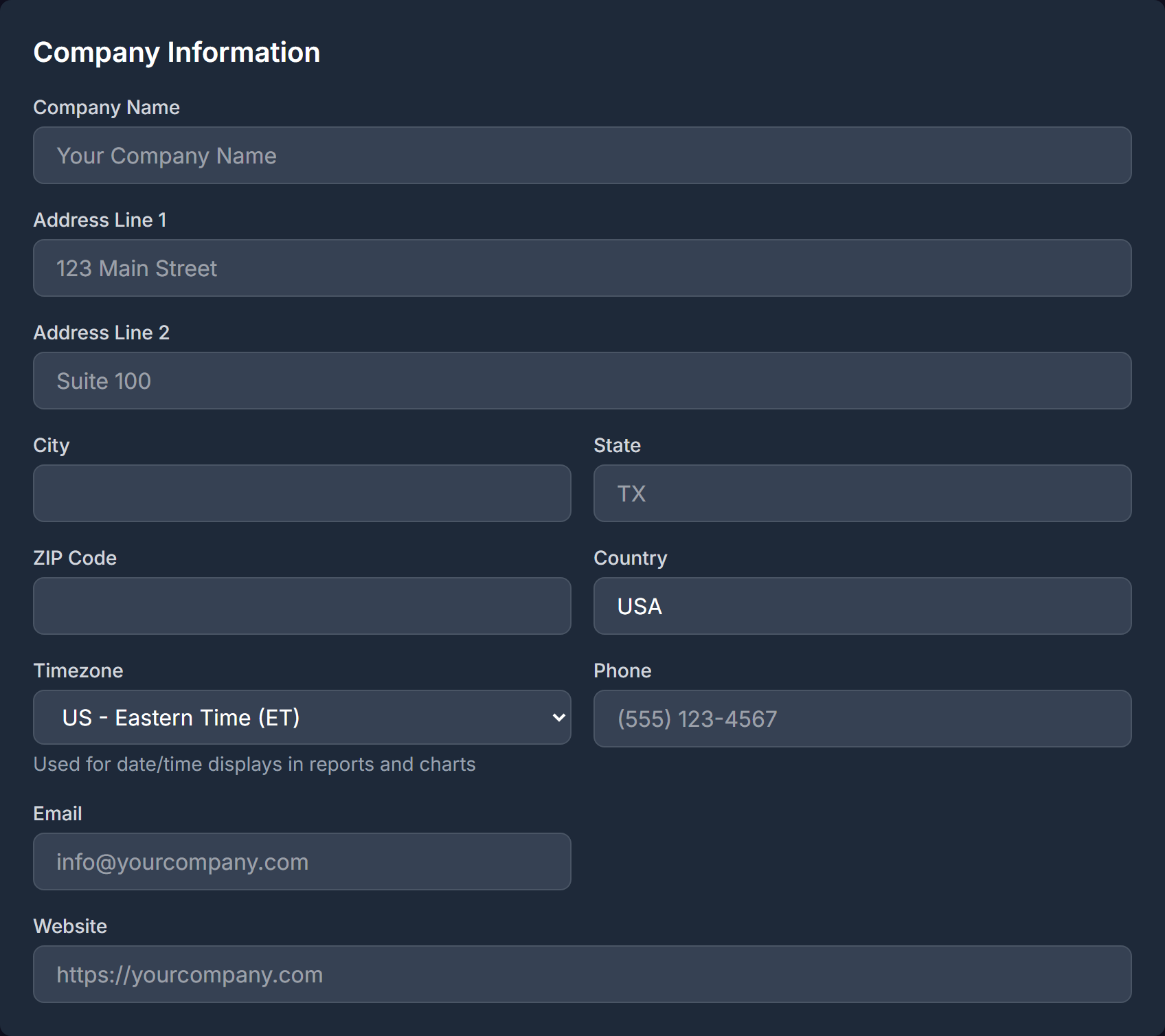 Company Settings page — Company Information section