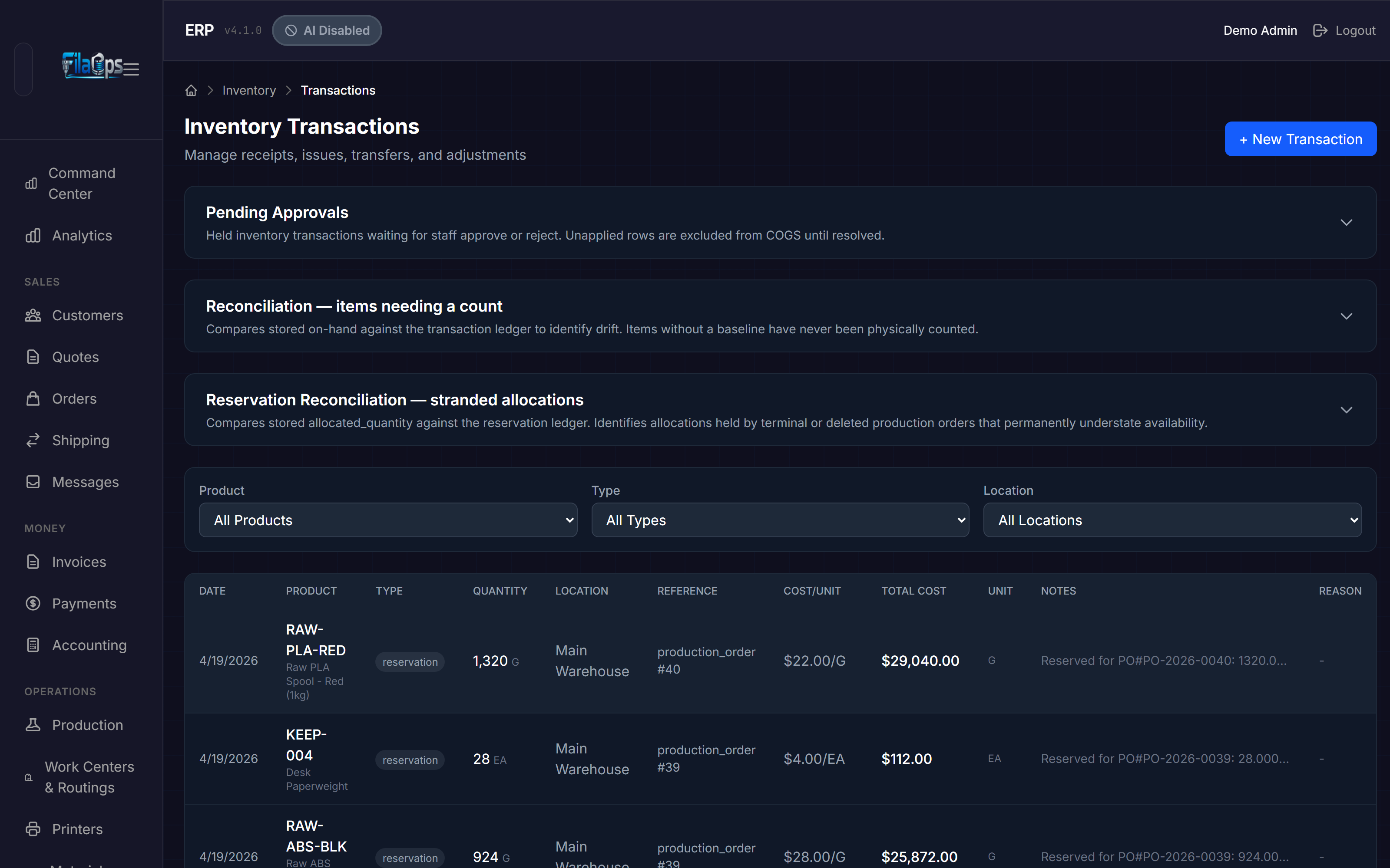 Inventory Transactions page showing the transaction table with type badges and filter dropdowns