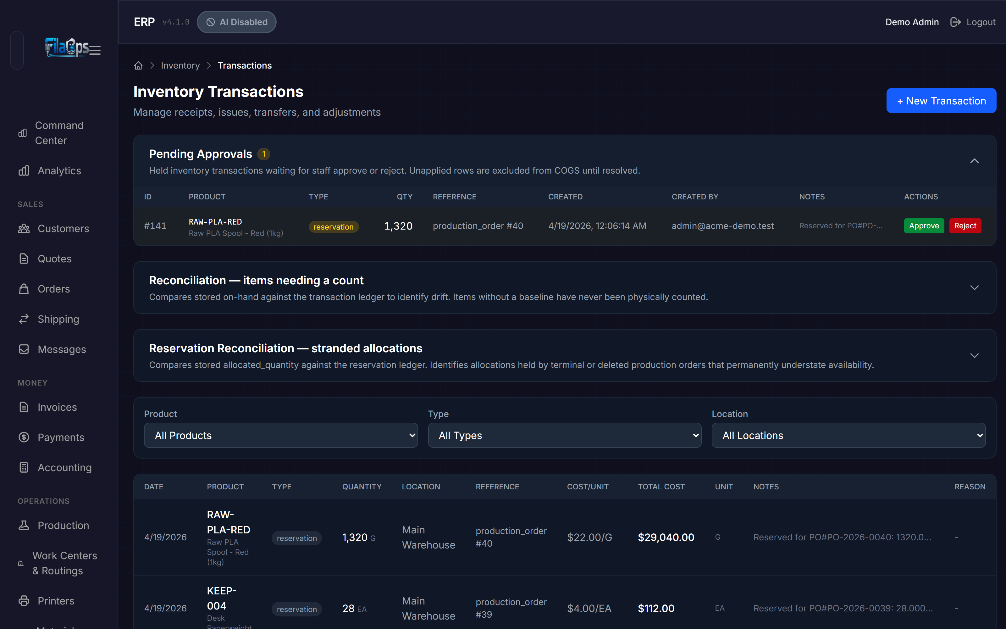 Pending Approvals panel expanded, showing a held transaction row with Approve and Reject action buttons