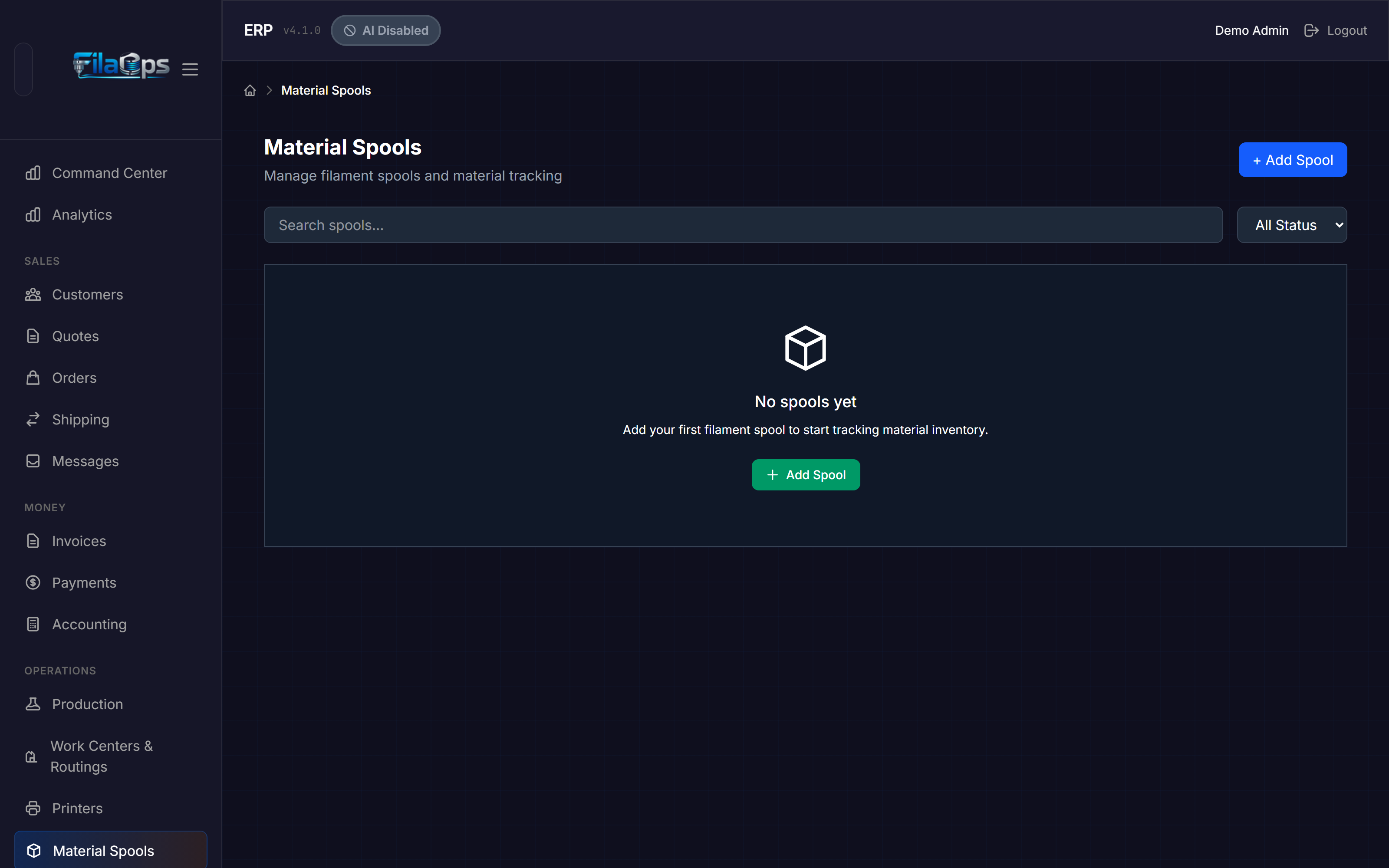 Material Spools page showing the spool table with weight values, progress bars, and status badges