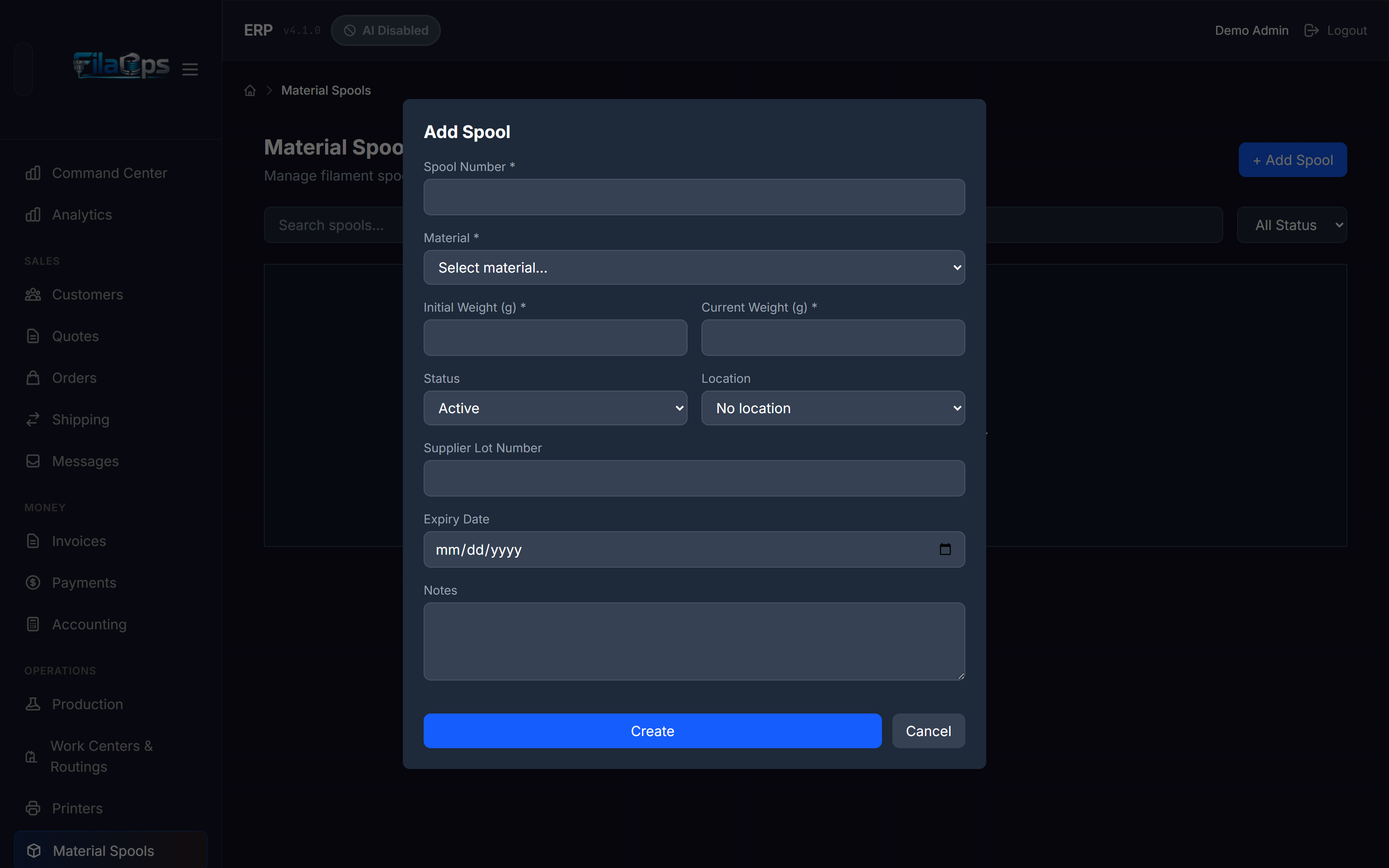 Add Spool modal with fields for spool number, material, initial weight, current weight, and location