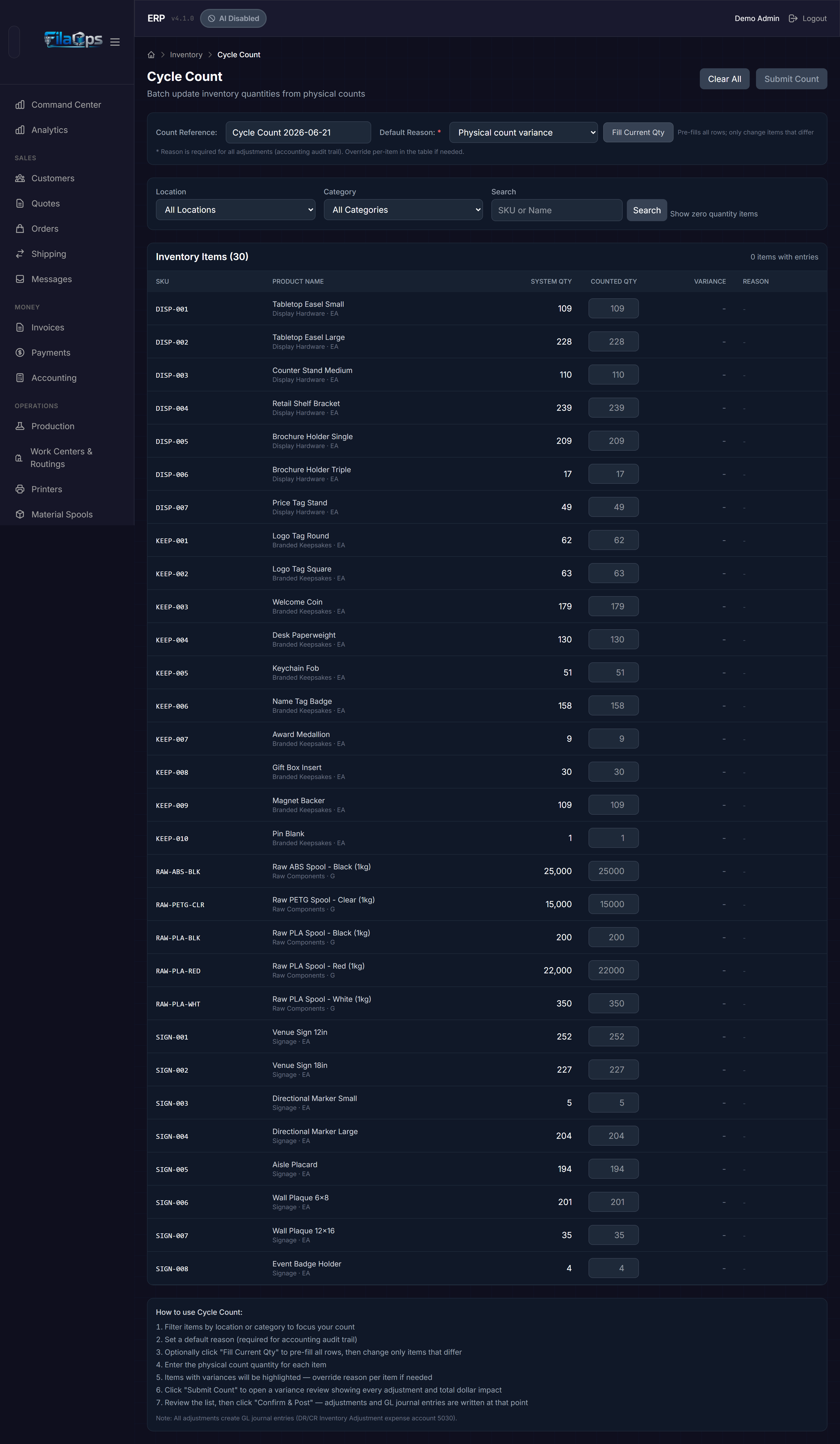 Cycle Count page showing the count setup panel with Count Reference and Default Reason fields, and the inventory table with Counted Qty inputs