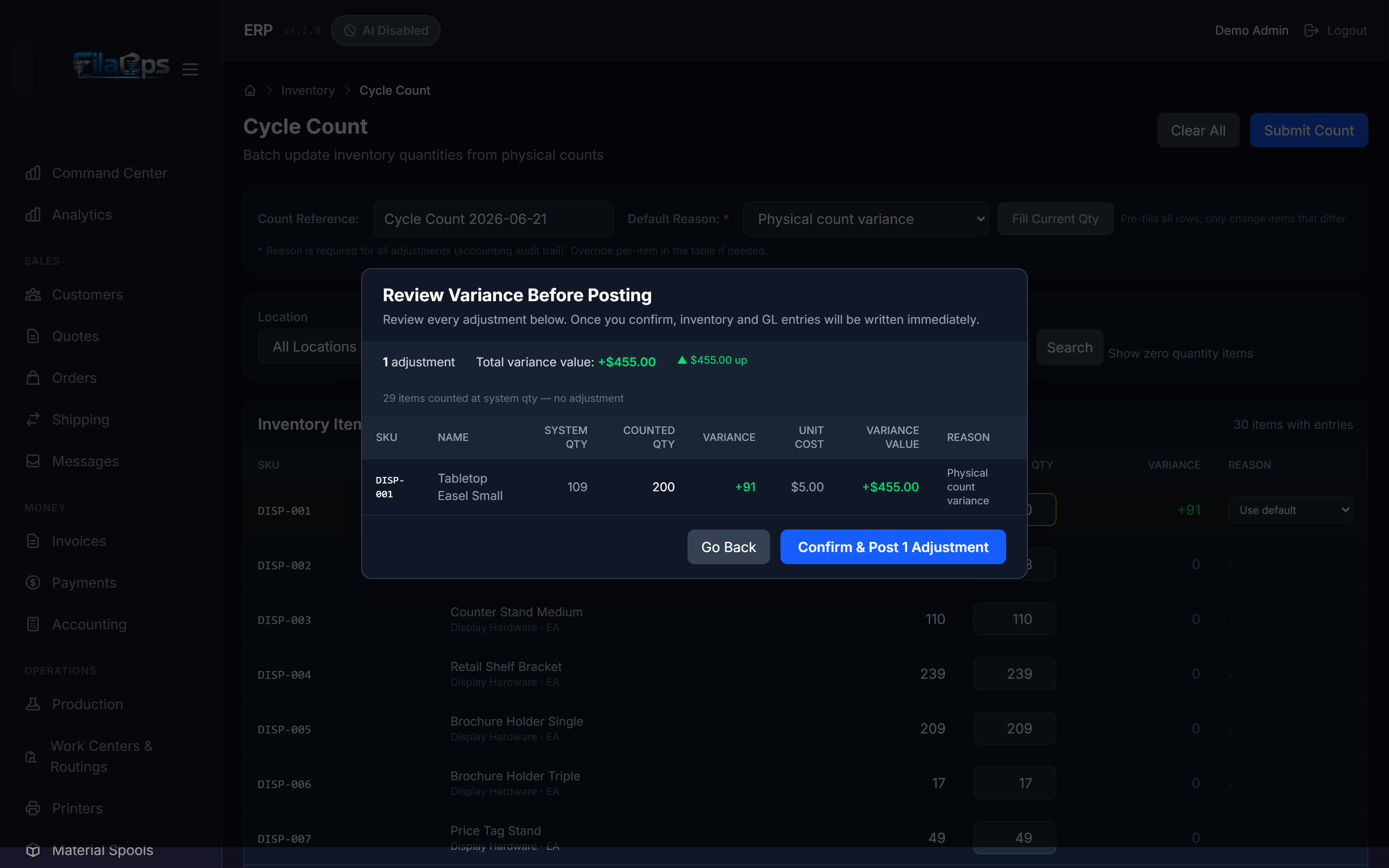 Variance Review modal showing the adjustment table with unit costs, variance values, and the Confirm & Post button