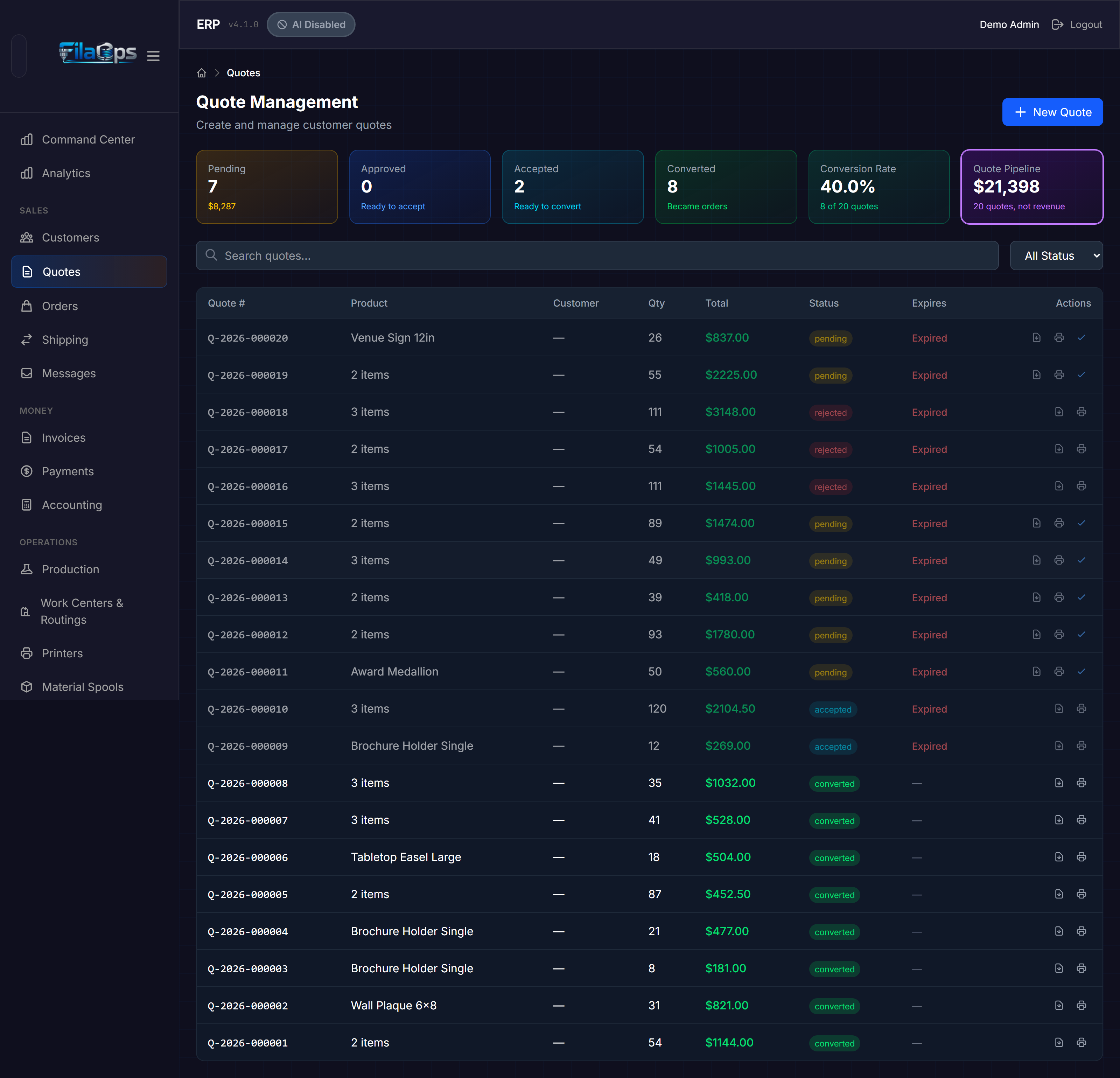 Quote management page showing six stat cards and the quotes table