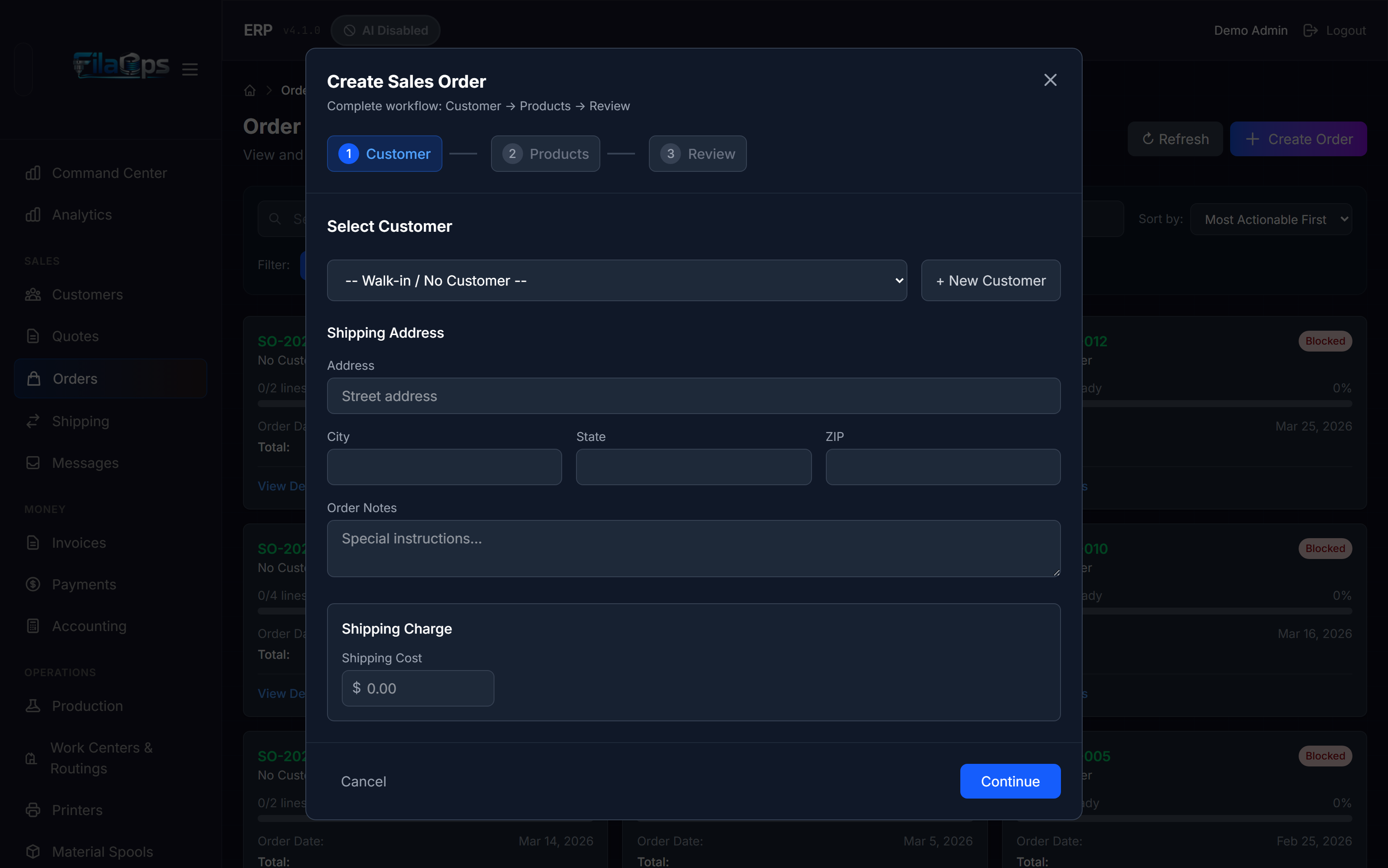 Order wizard Step 1 — customer selection dropdown