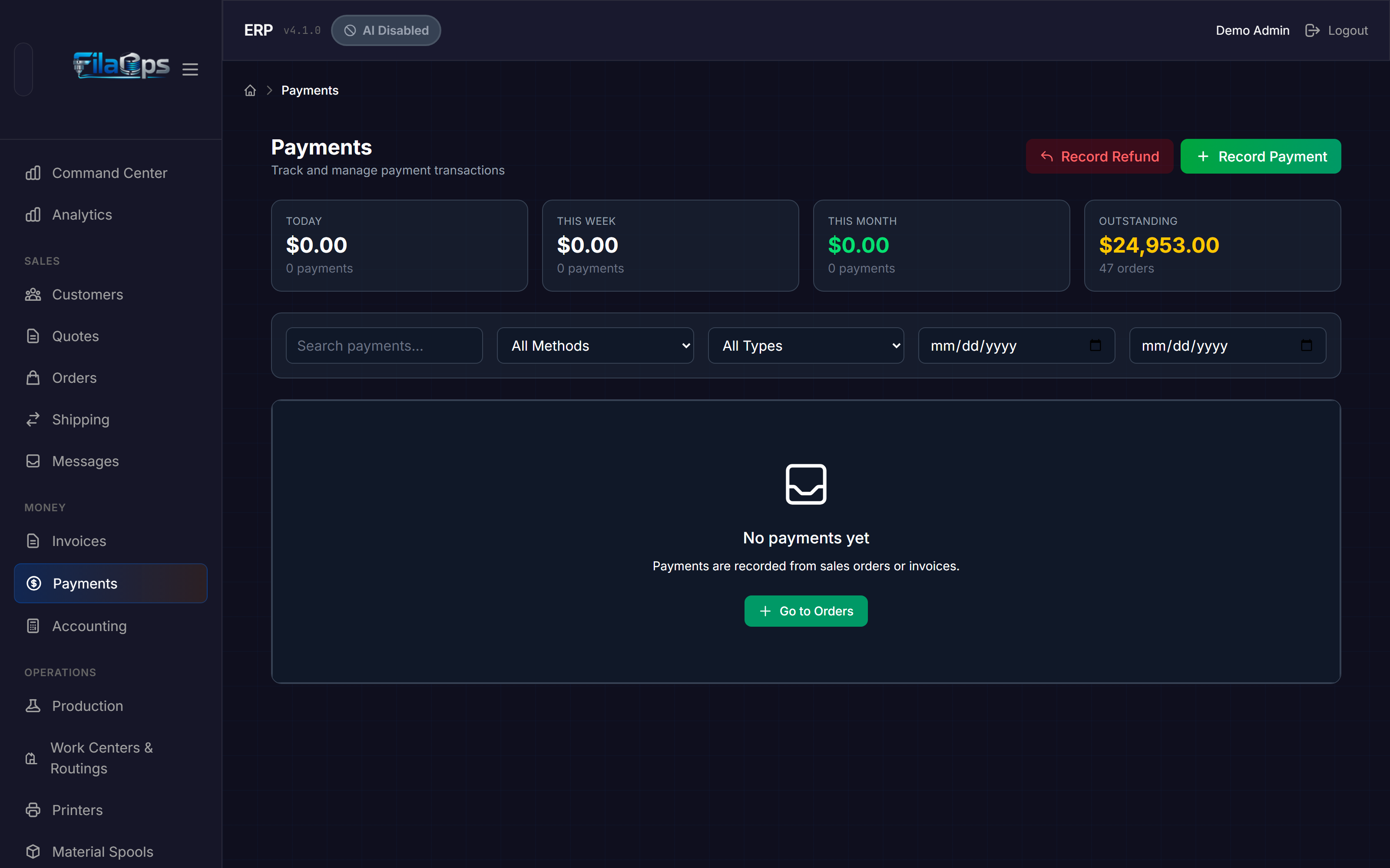 Payments page showing four KPI cards and the payment history table