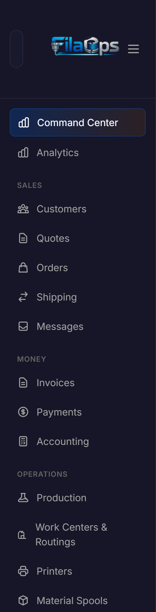 FilaOps sidebar showing all nav section groups in the expanded state