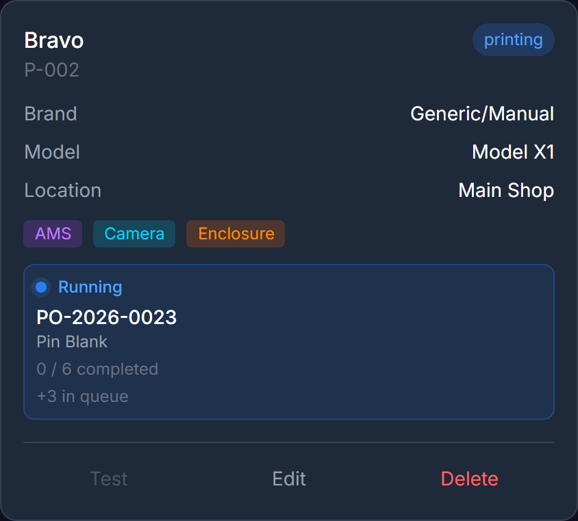 A printer card showing capability badges, status, and the active work panel
