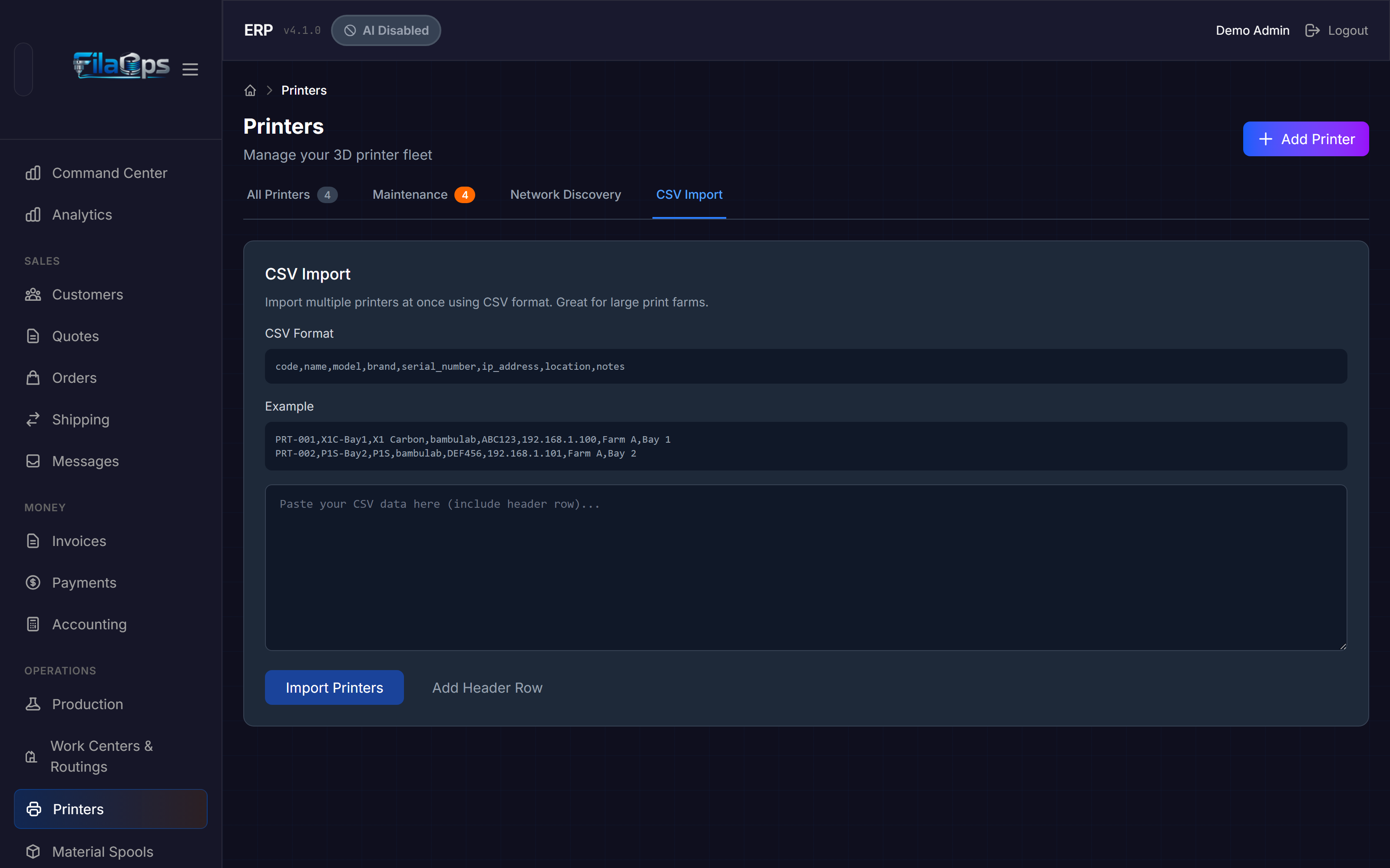 CSV Import tab showing the format example, text area, and import result summary