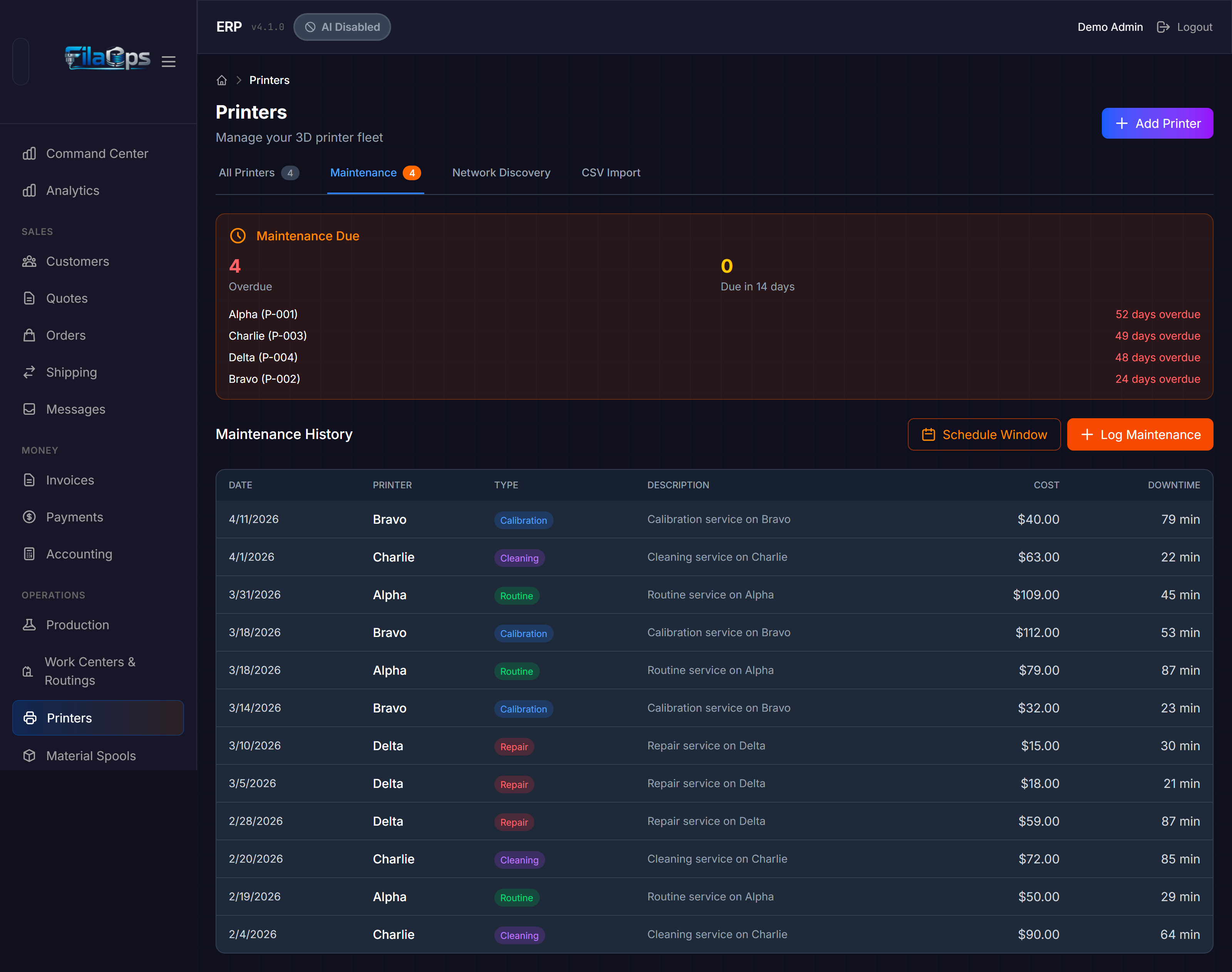 Maintenance tab showing the overdue summary panel, Schedule Window and Log Maintenance buttons, and the history table