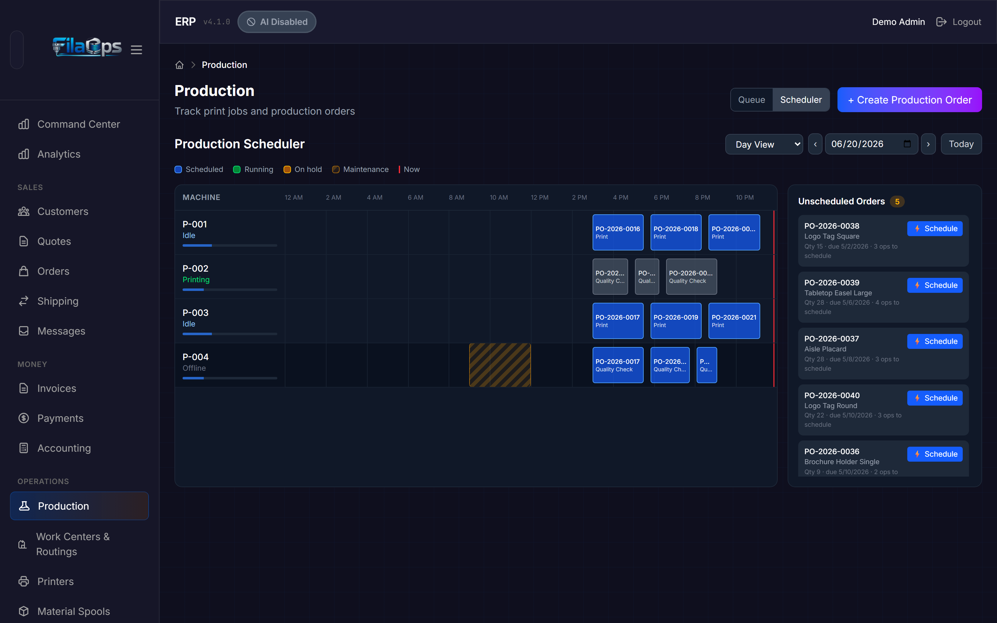 Scheduler Gantt board with machine lanes, blue and green operation blocks, a red "now" line, maintenance window stripes, and the Unscheduled Orders panel on the right