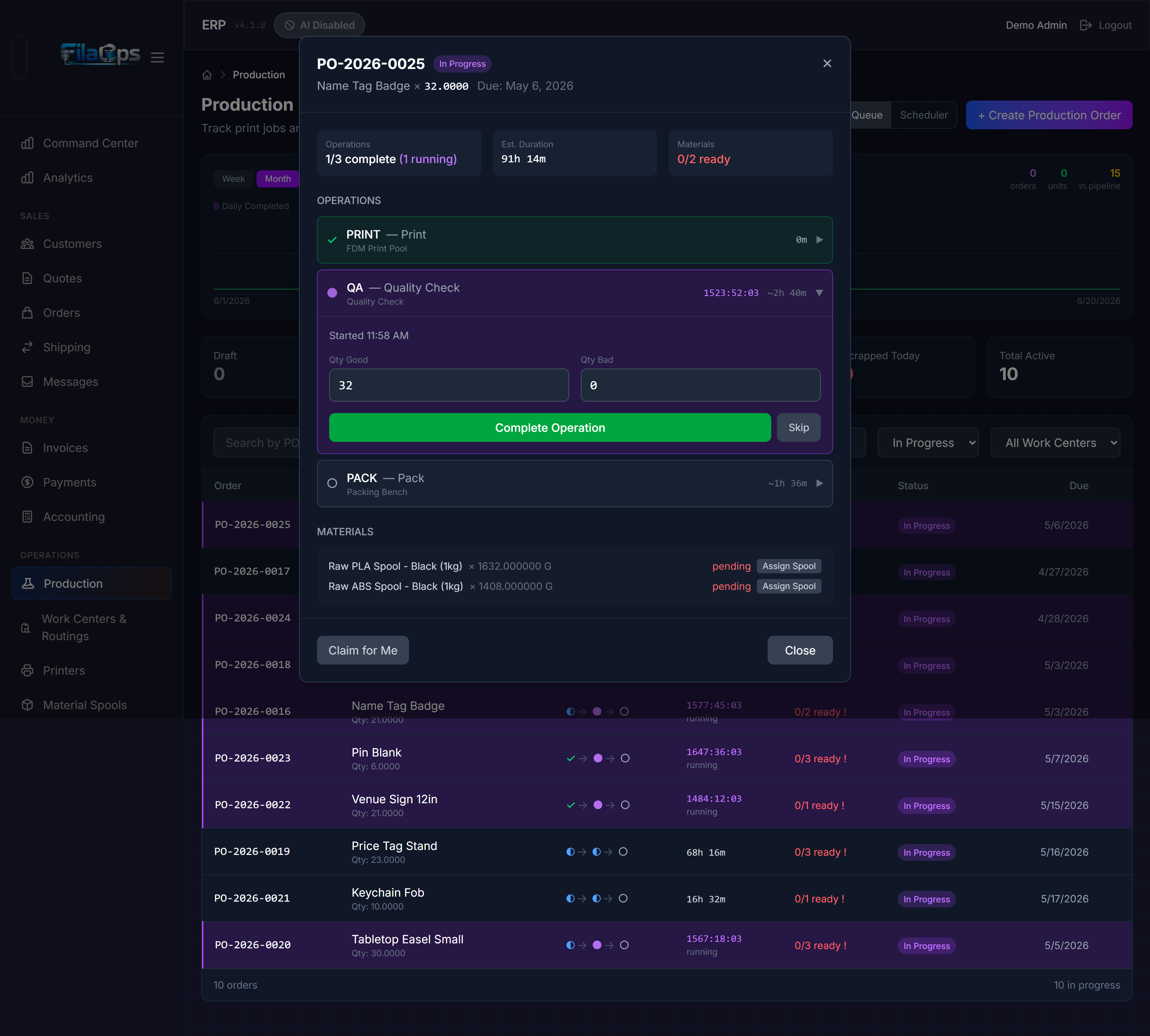 Production order detail showing order header, status timeline, operations list with material allocations, and action buttons