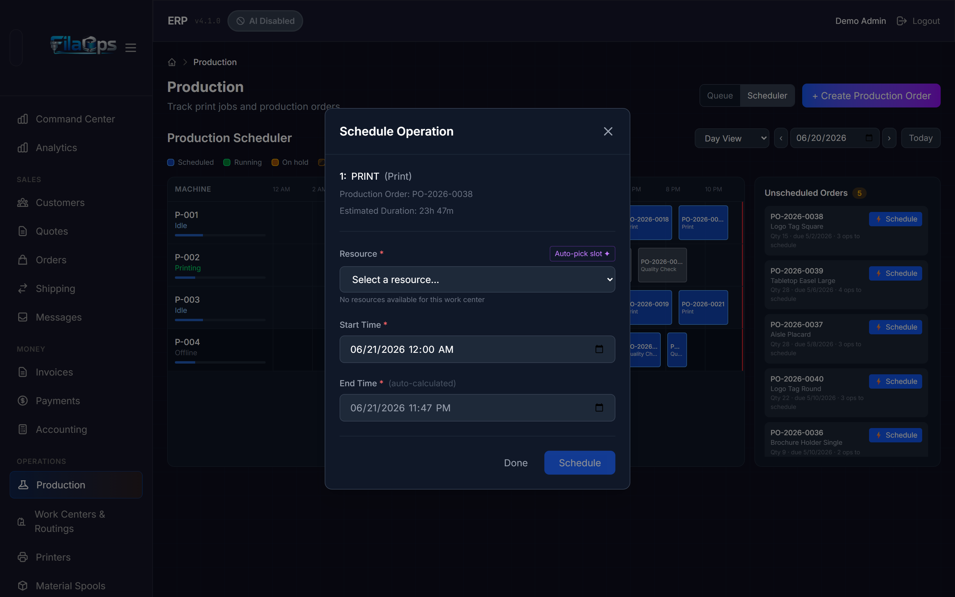 Schedule Operation modal with resource dropdown, start/end time fields, estimated duration, and conflict detection