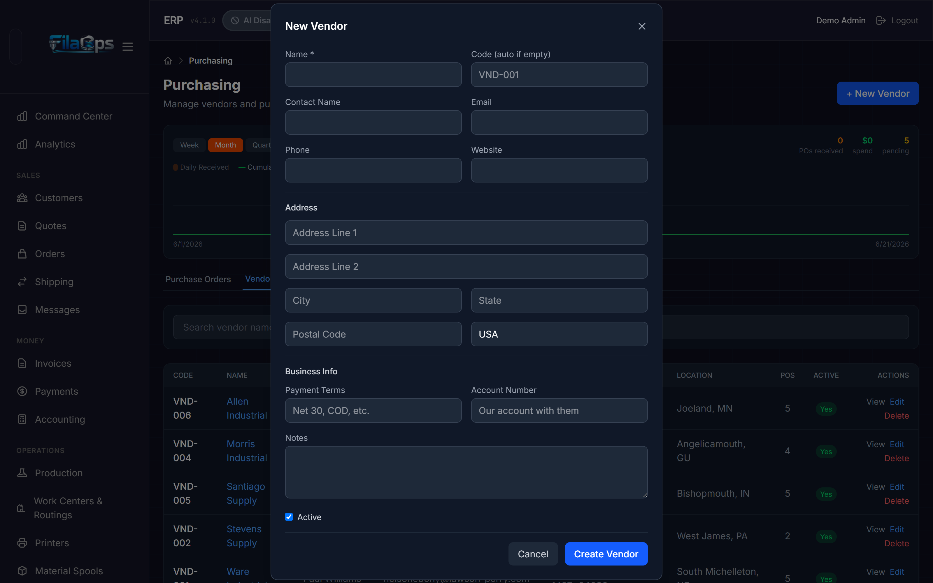 New Vendor form with contact, address, and business info sections
