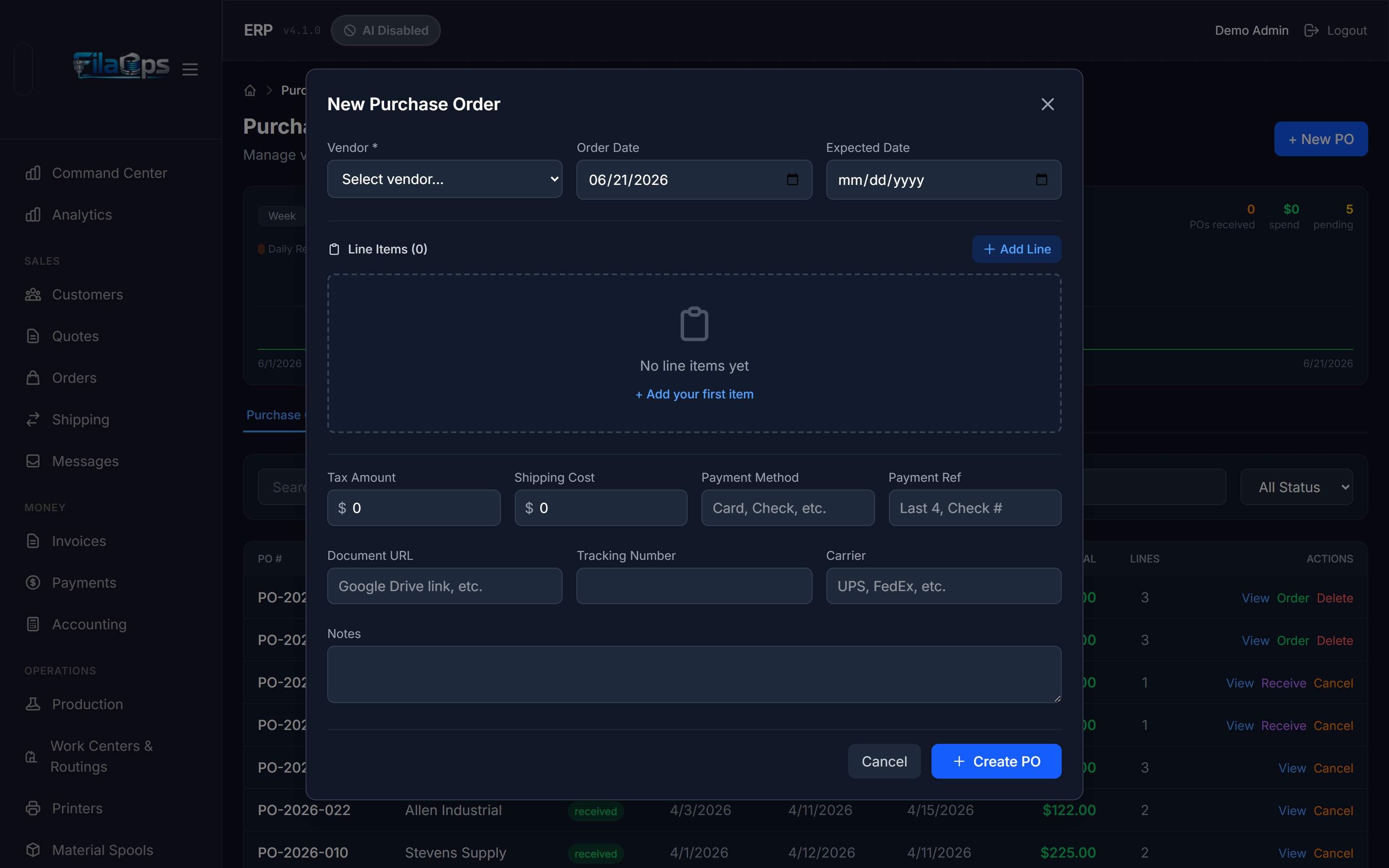 New Purchase Order form showing line items, UOM selector, and financial fields