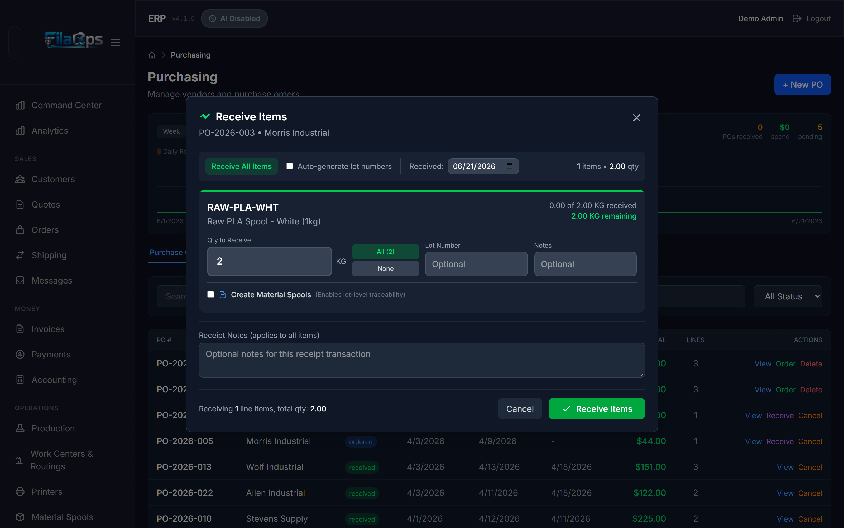 Receive Items modal showing quantity inputs, lot number field, and the Create Material Spools section