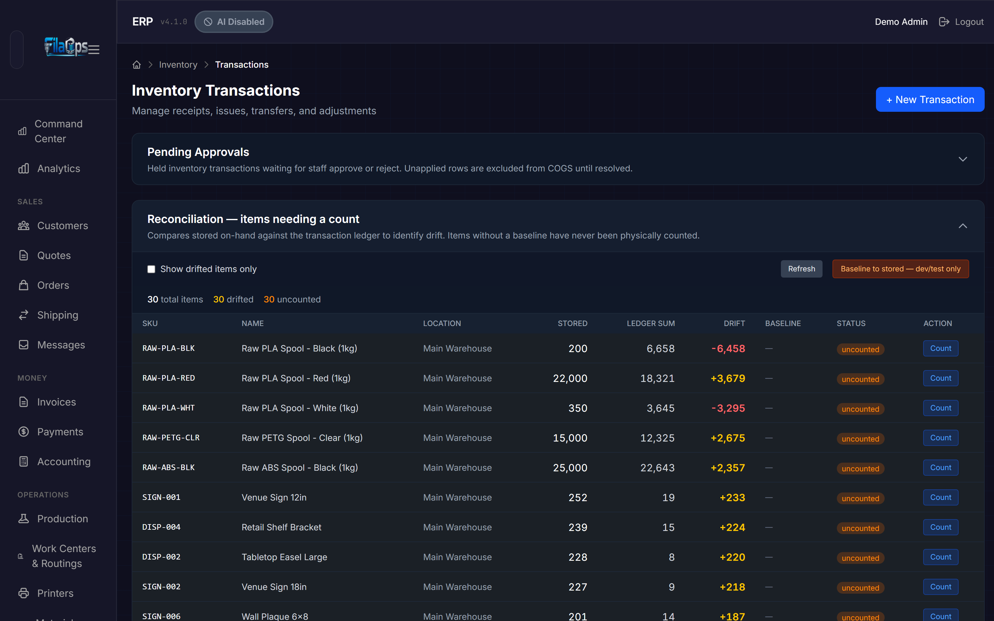 Reconciliation section expanded, showing the summary bar and item table
