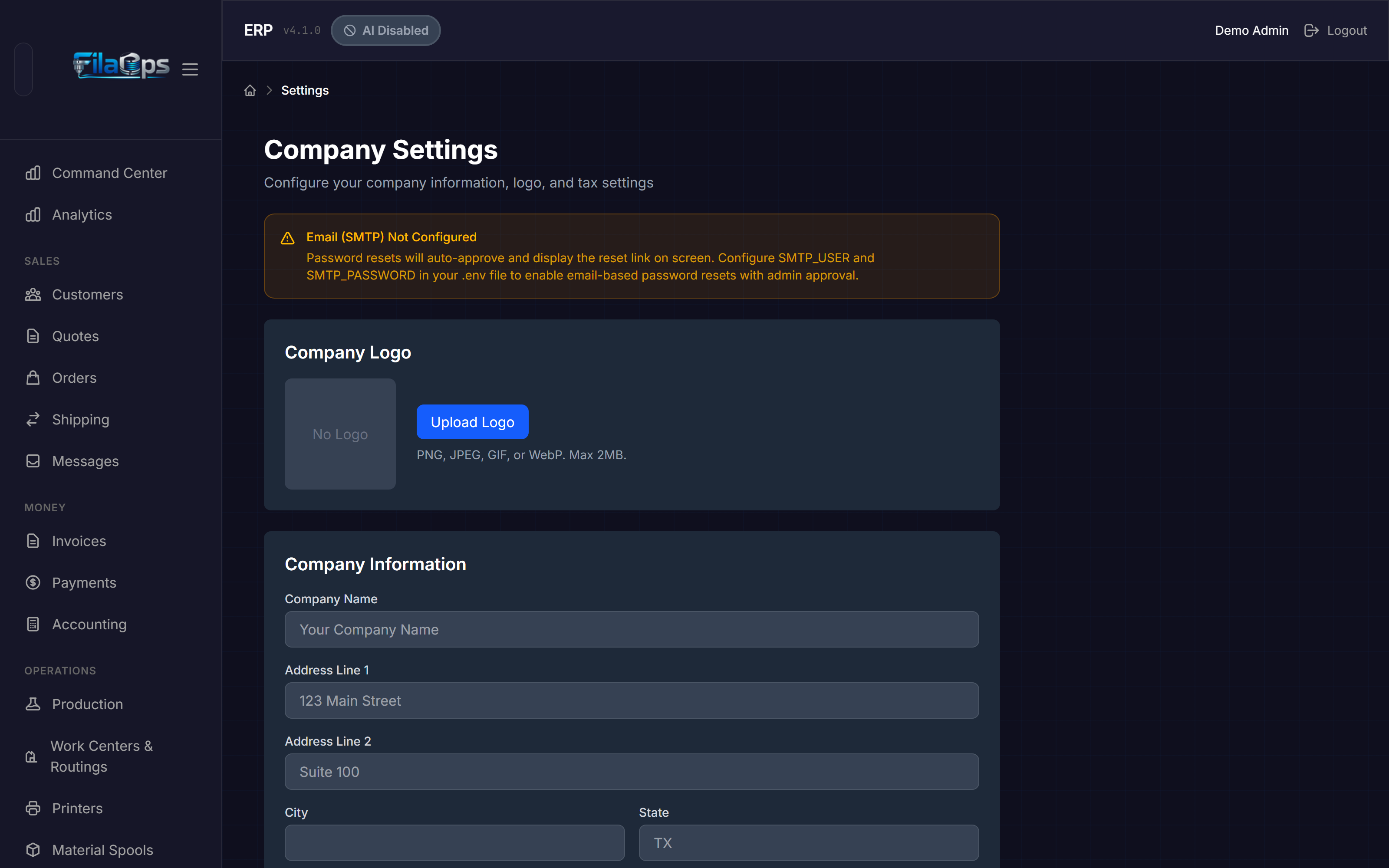 Company Settings page — Company Logo and Company Information sections visible