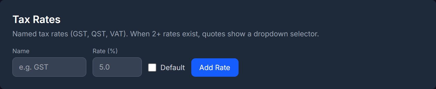 Tax Rates card with the inline add-rate form — name, rate percentage, and default flag