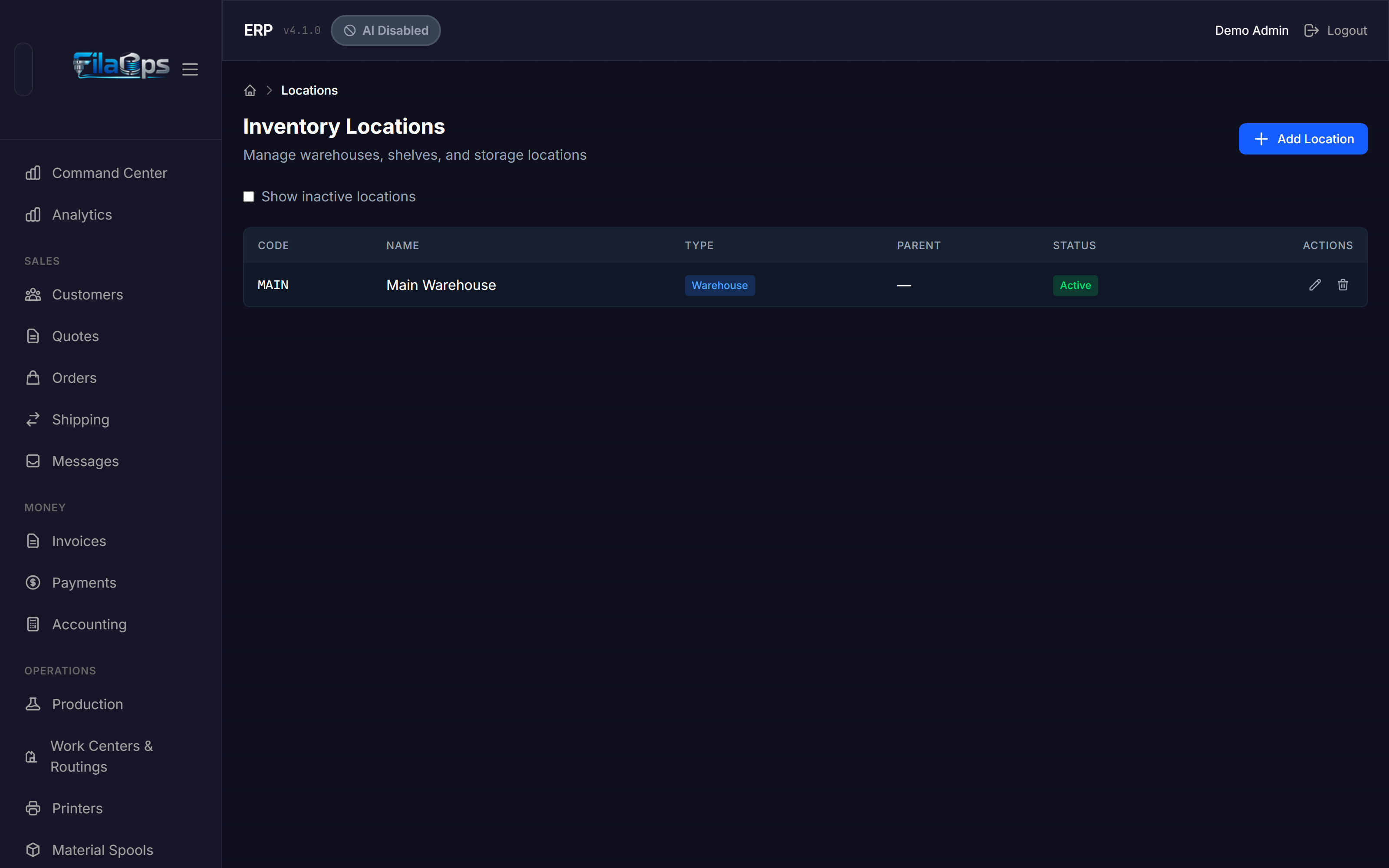 Inventory Locations page showing the locations table with Code, Name, Type, Parent, Status columns, and the Add Location button