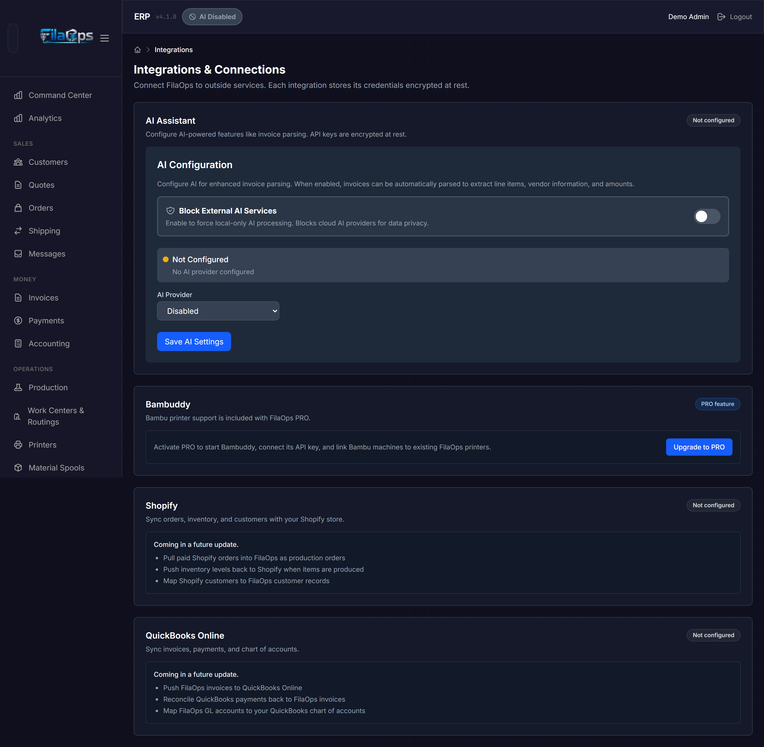 Integrations page showing the AI Assistant card with its status badge