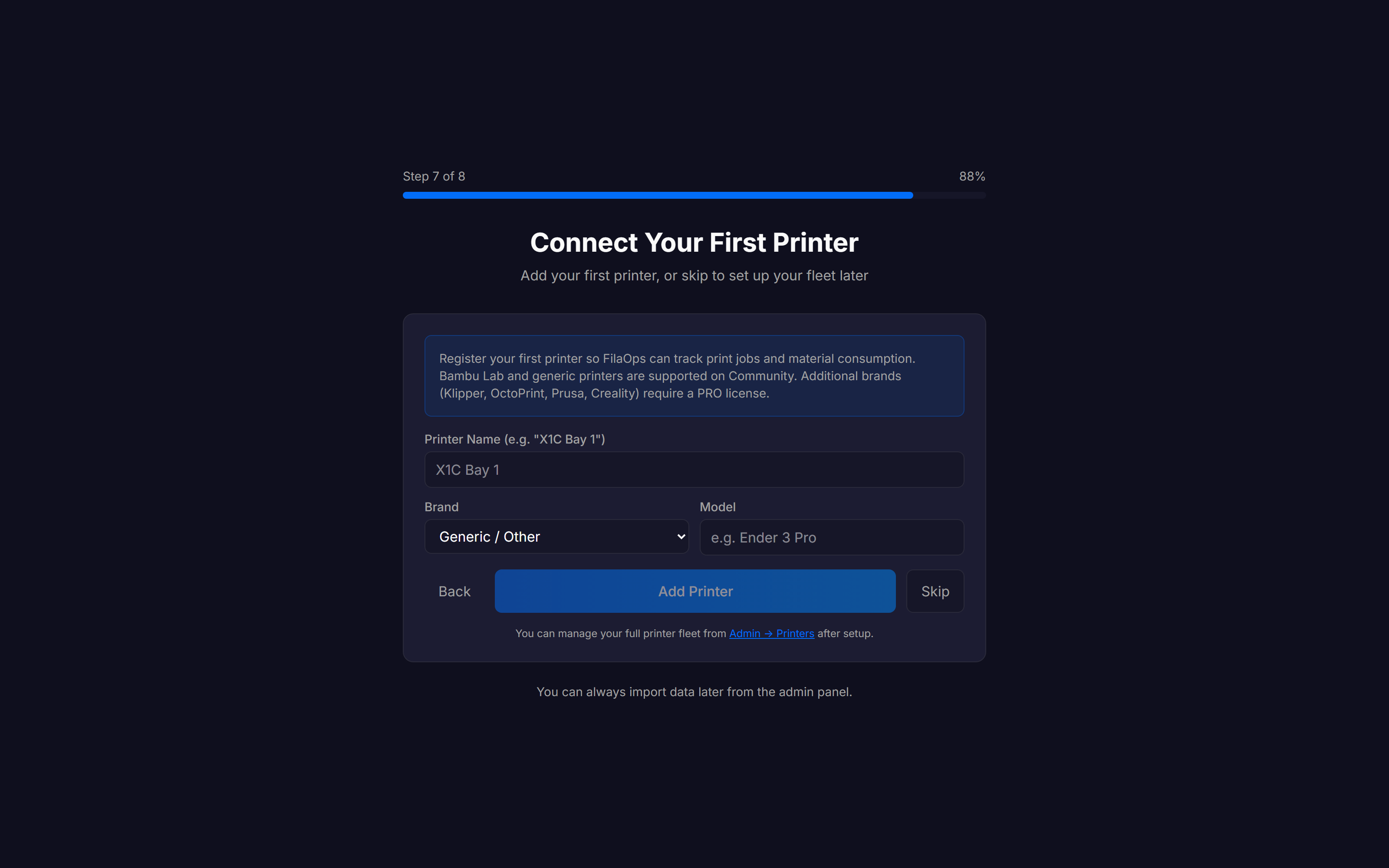 Onboarding wizard Step 7 — Connect Your First Printer showing brand dropdown, model field, and printer name field