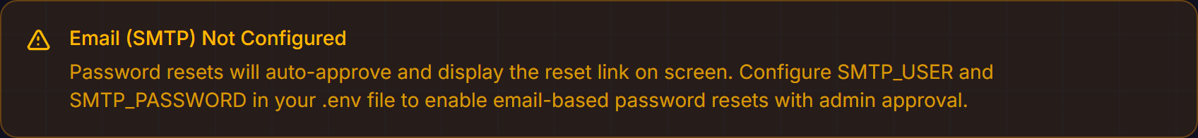 Settings page showing the amber "Email (SMTP) Not Configured" banner