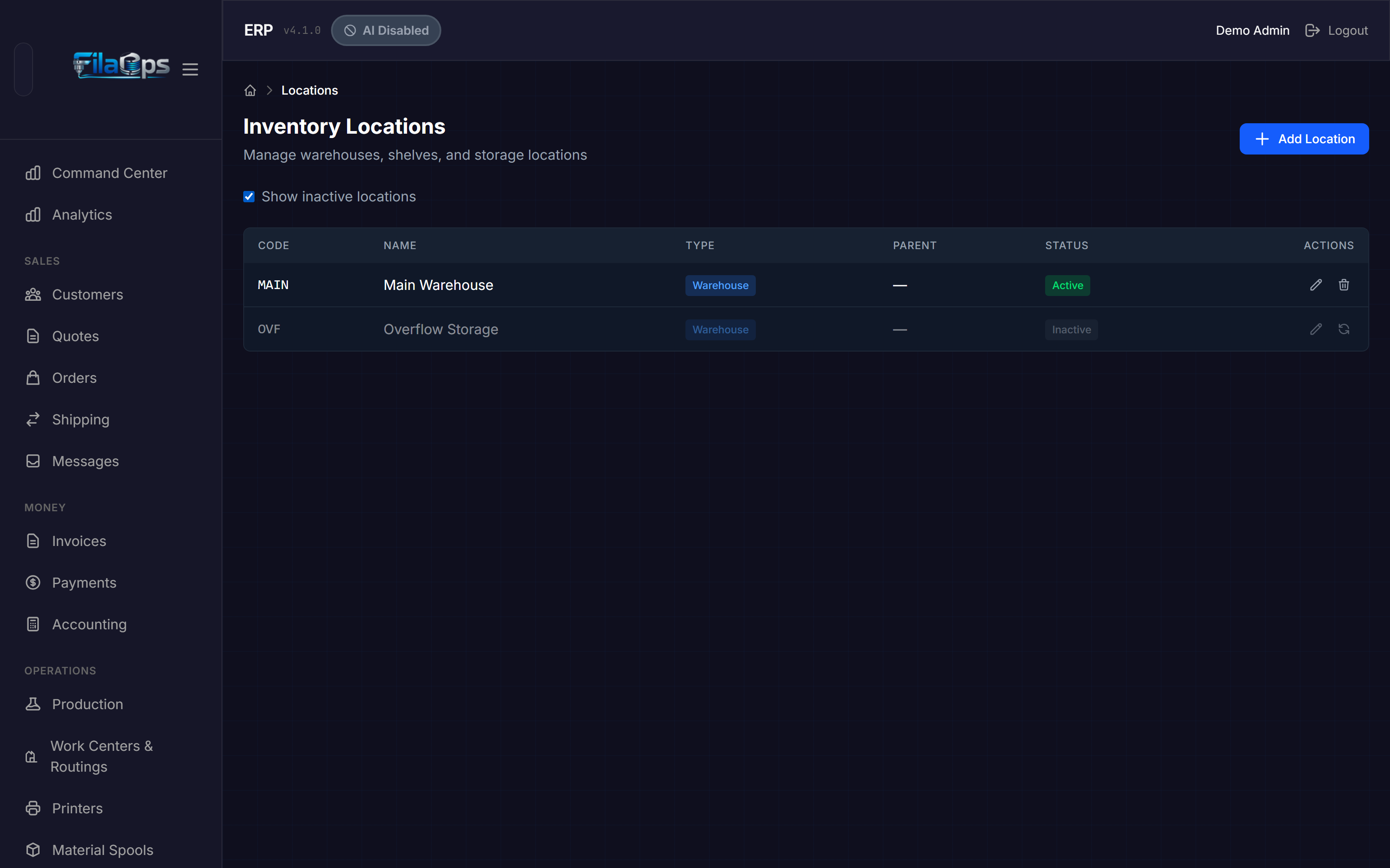 Locations page with the "Show inactive locations" checkbox ticked and a location showing the Reactivate action