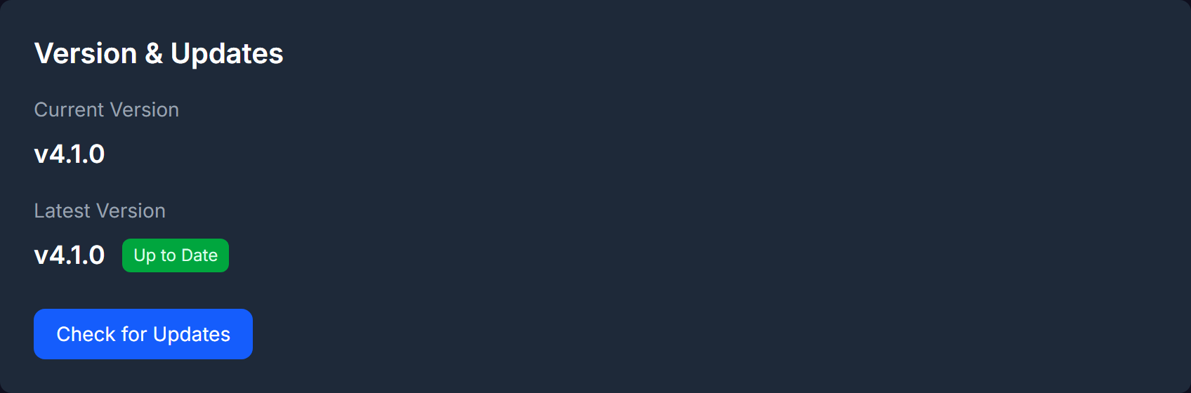 Settings page Version & Updates card showing the current version and "Check for Updates" button
