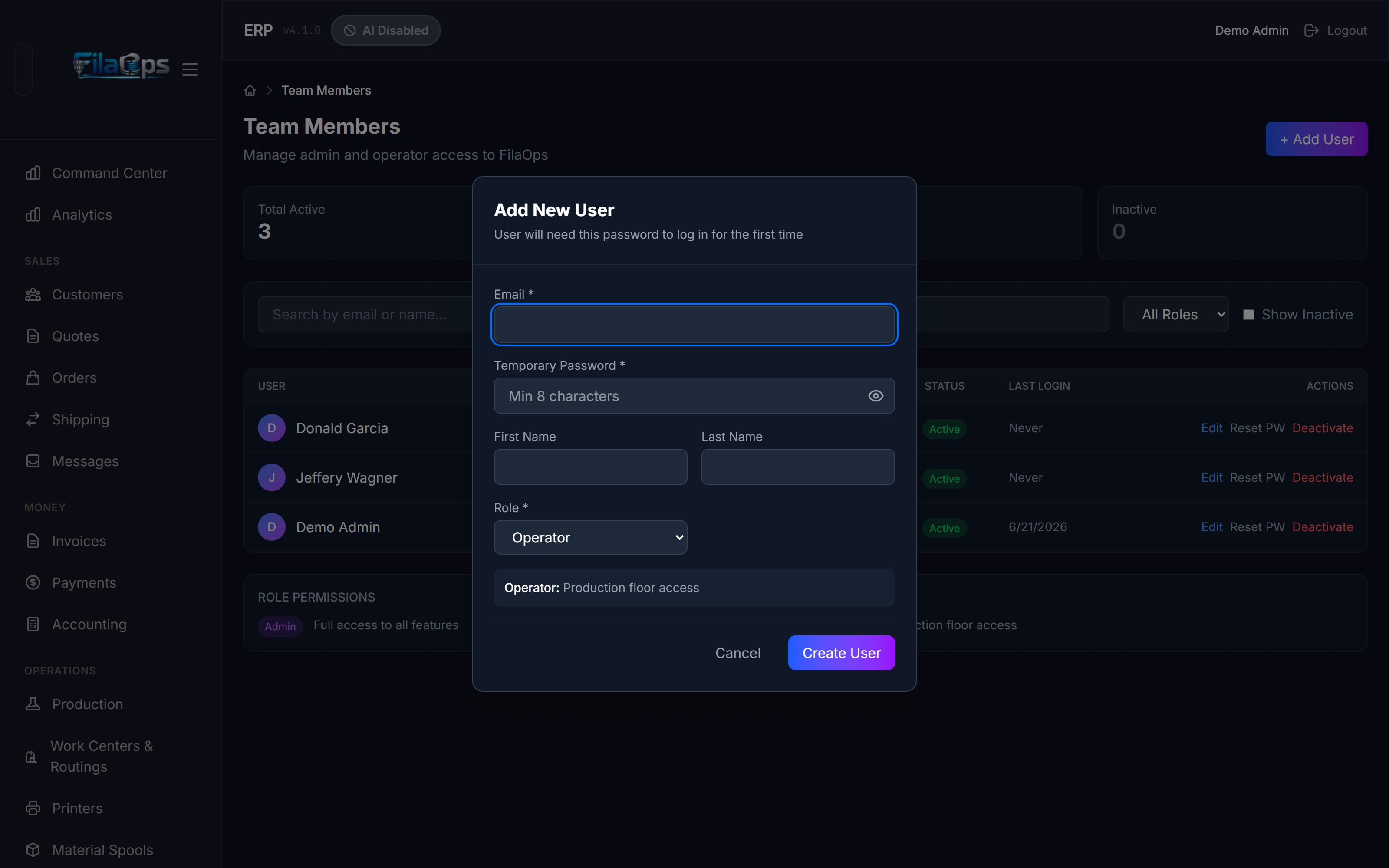 The Add New User modal with Email, Temporary Password, First Name, Last Name, and Role fields