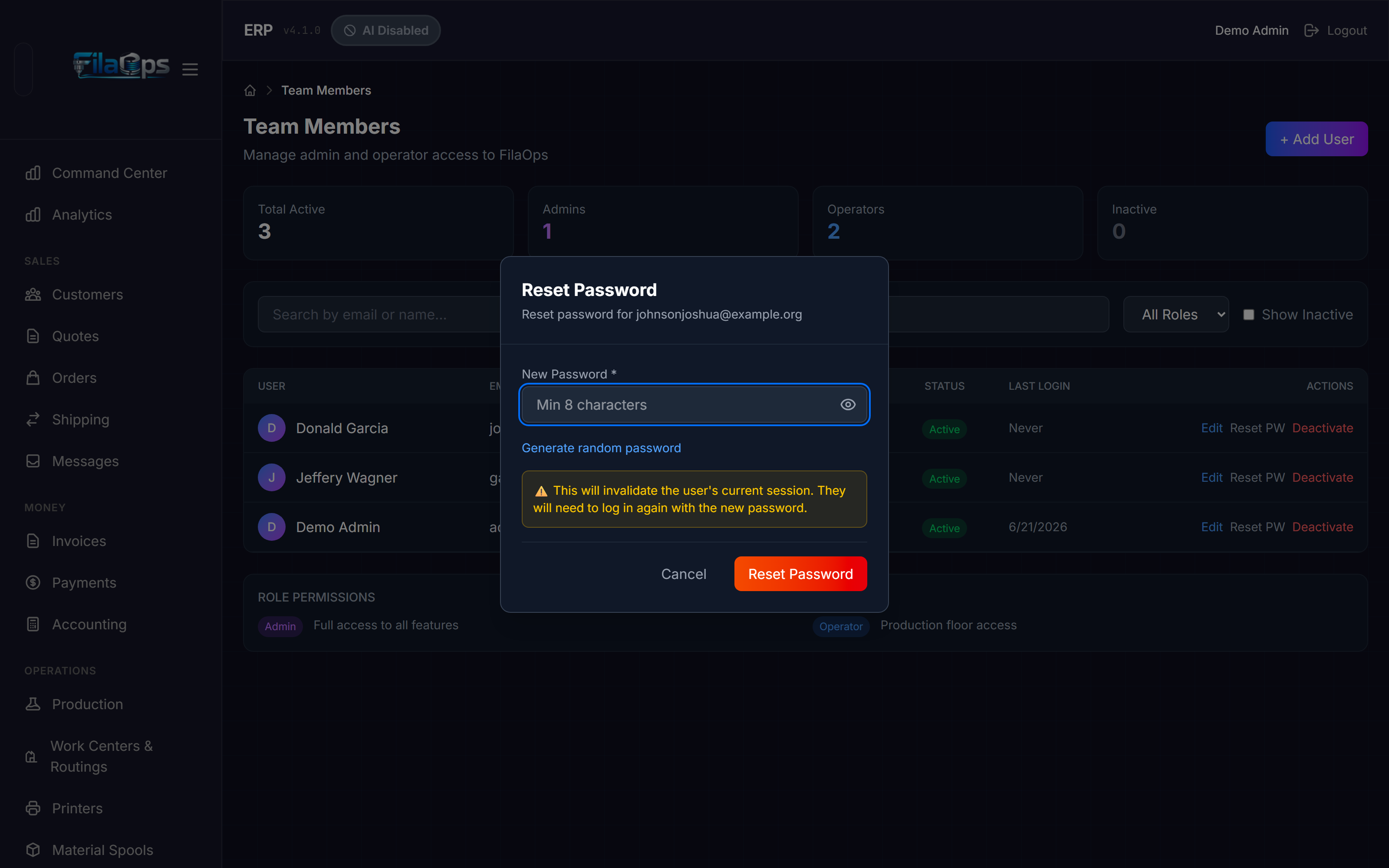 The Reset Password dialog with a New Password field and a Generate random password link