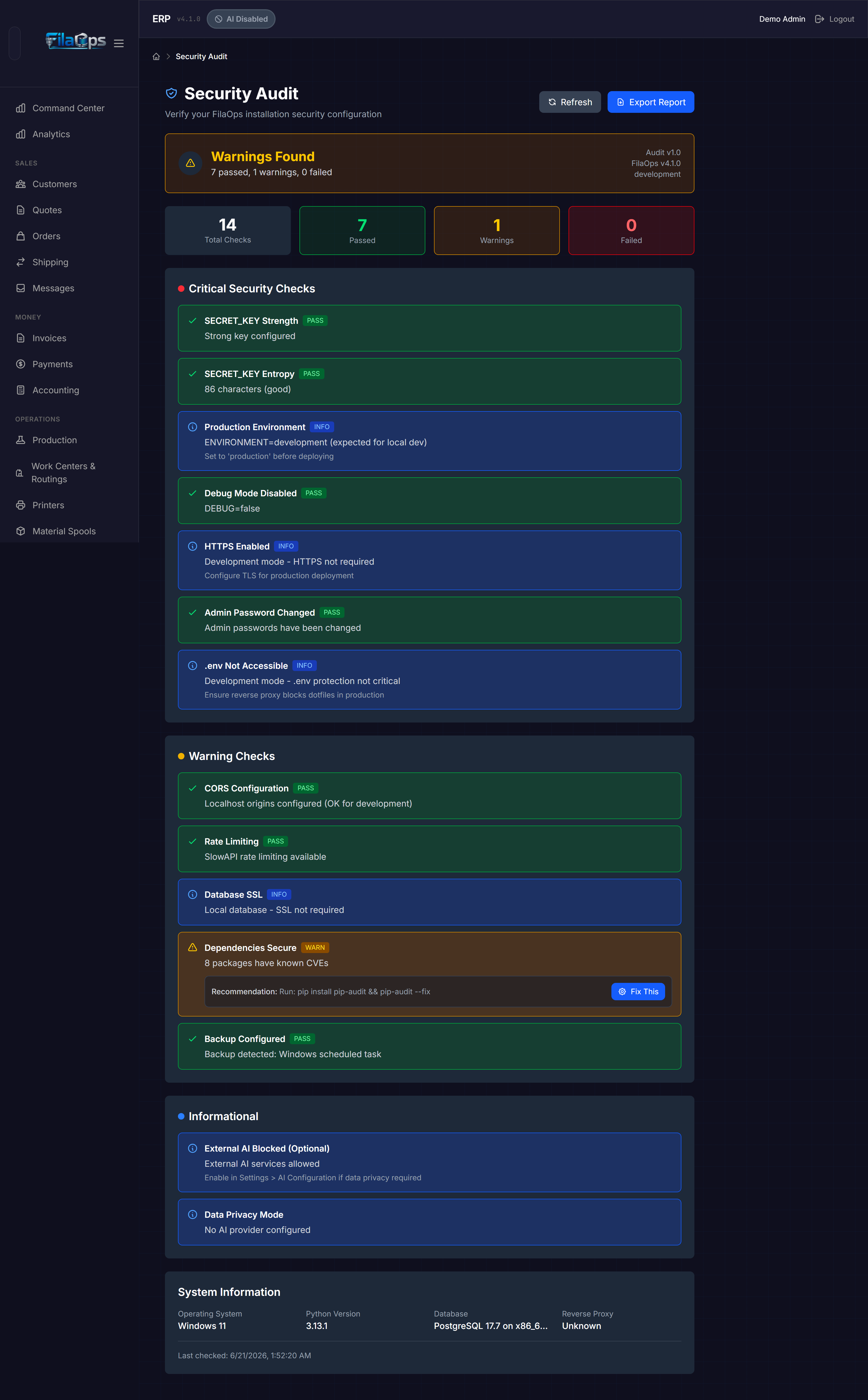The Security Audit page showing the overall status card, summary count tiles, and check results grouped by severity