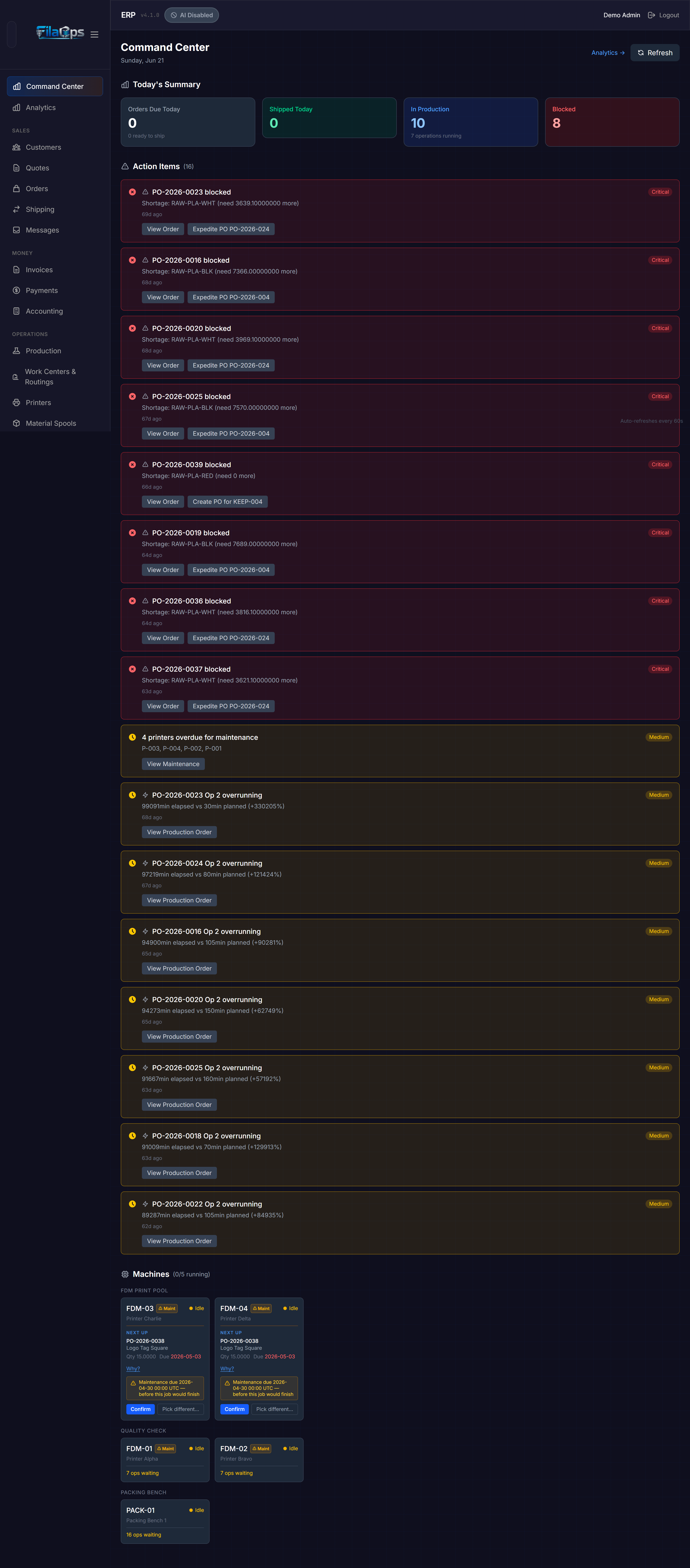 Command Center showing summary cards, action items, and the machine status grid with dispatch suggestions