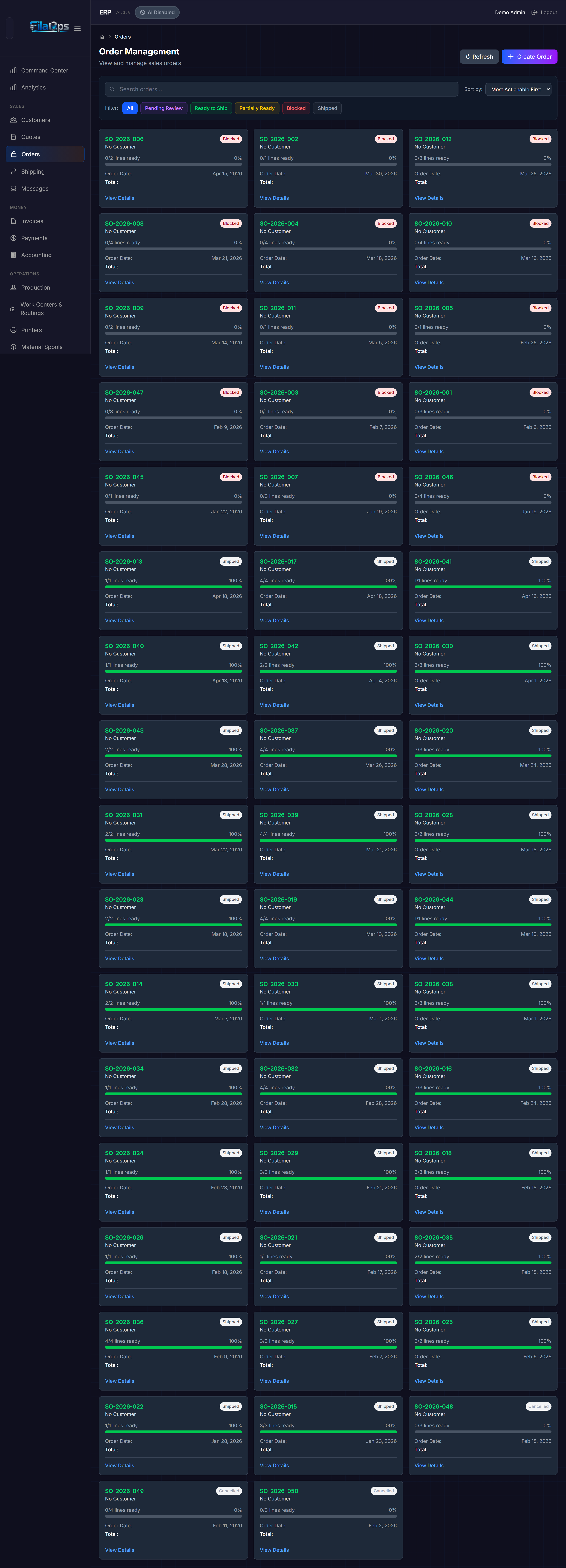 Orders list filtered by Confirmed/In Progress status