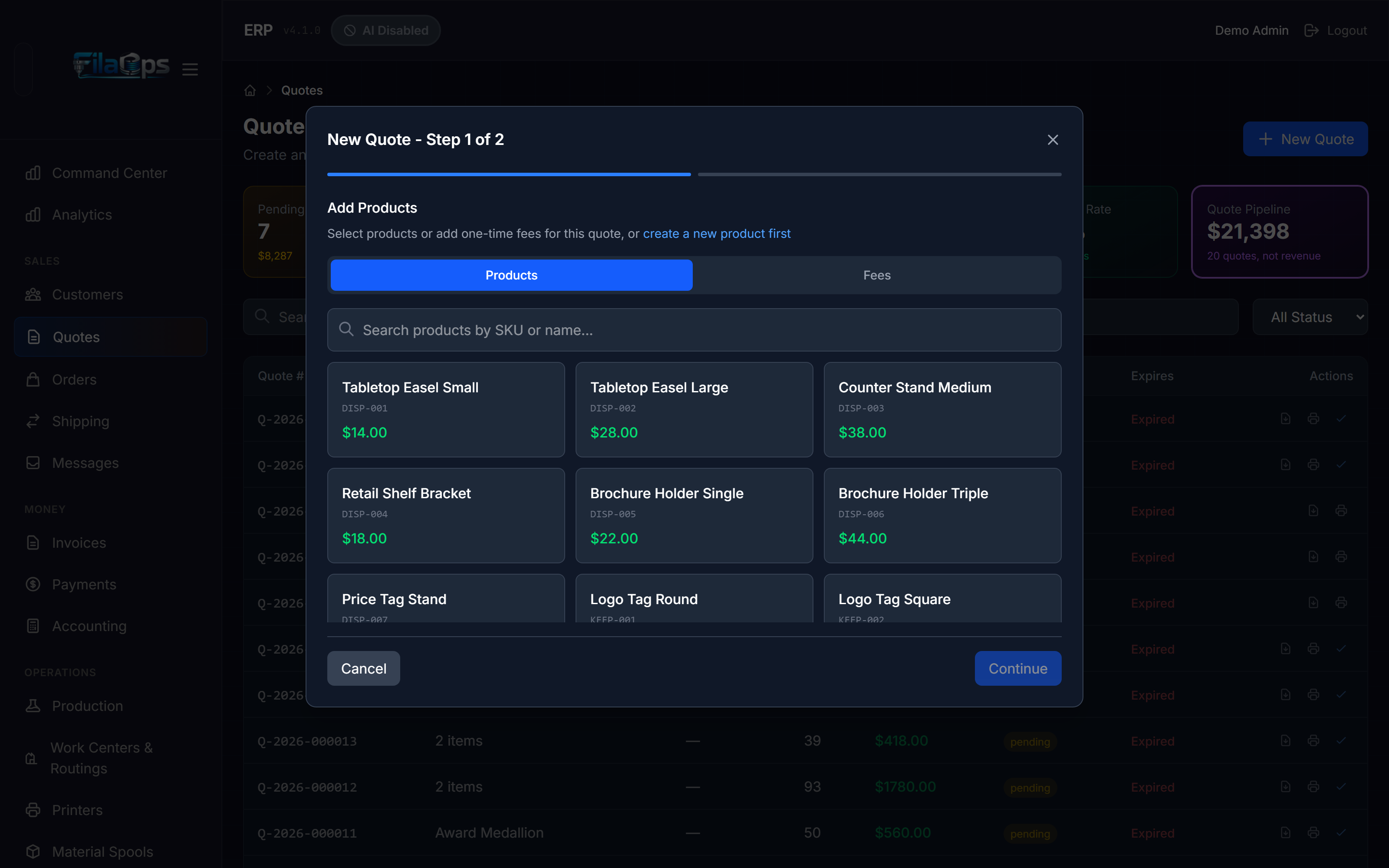 New Quote wizard — Step 1, selecting products and one-time fees to add to the quote