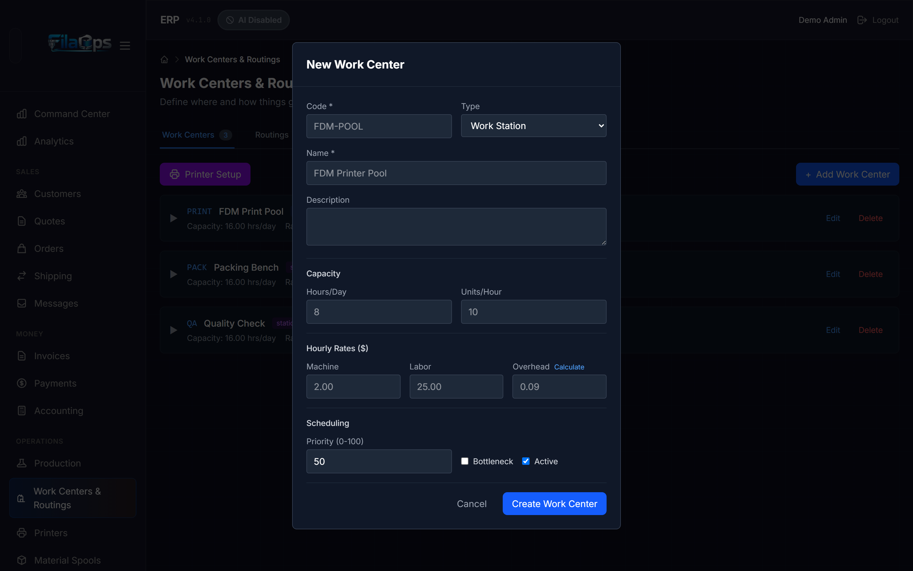 New Work Center dialog showing Code, Name, Type, capacity, and hourly rate fields
