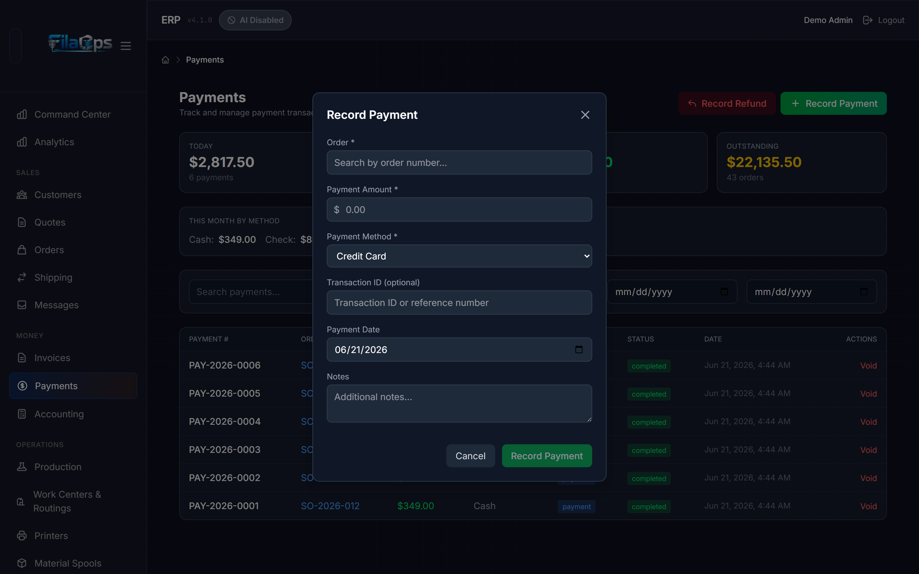 Order detail with Record Payment button
