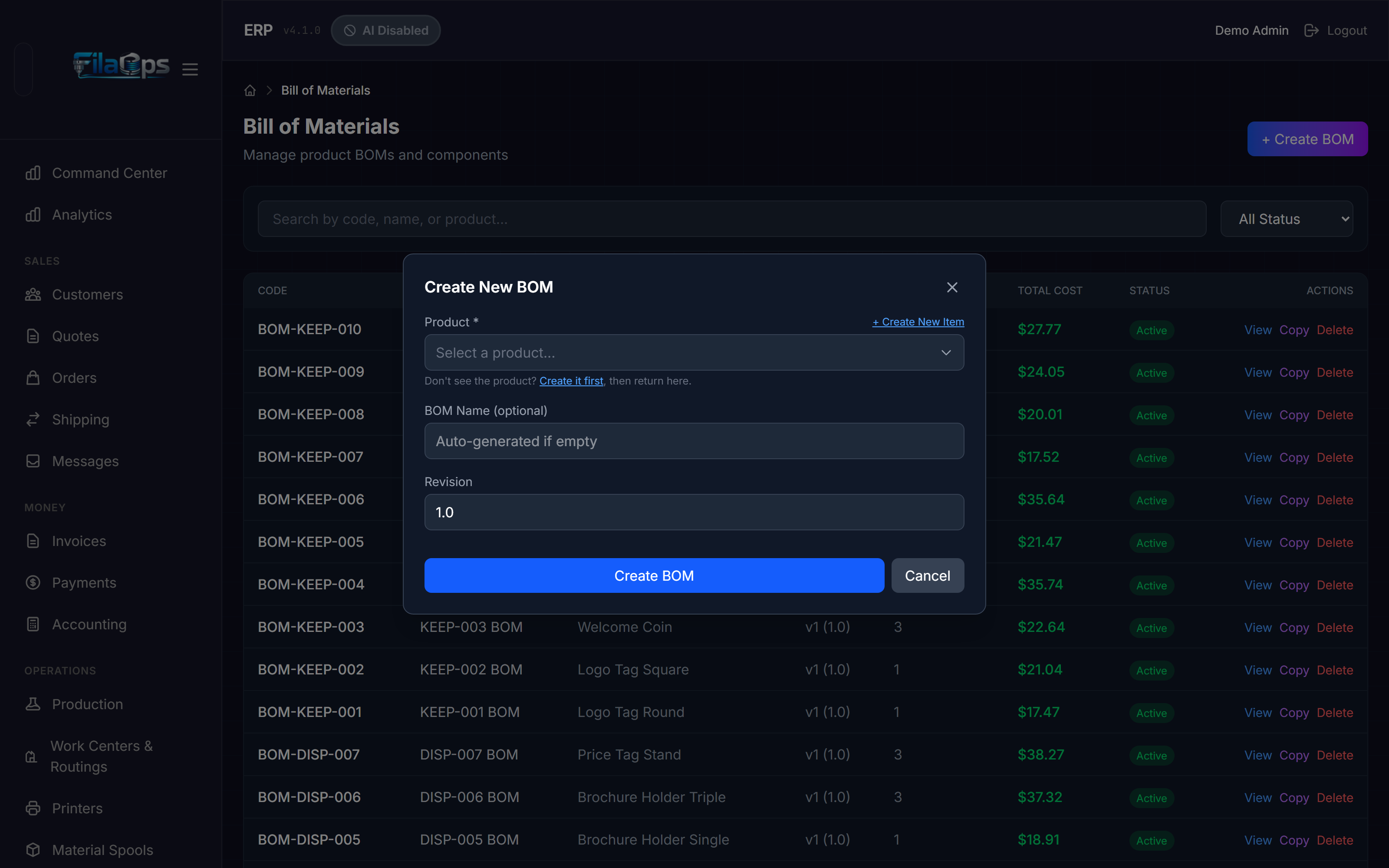 Bill of Materials page showing Create BOM modal