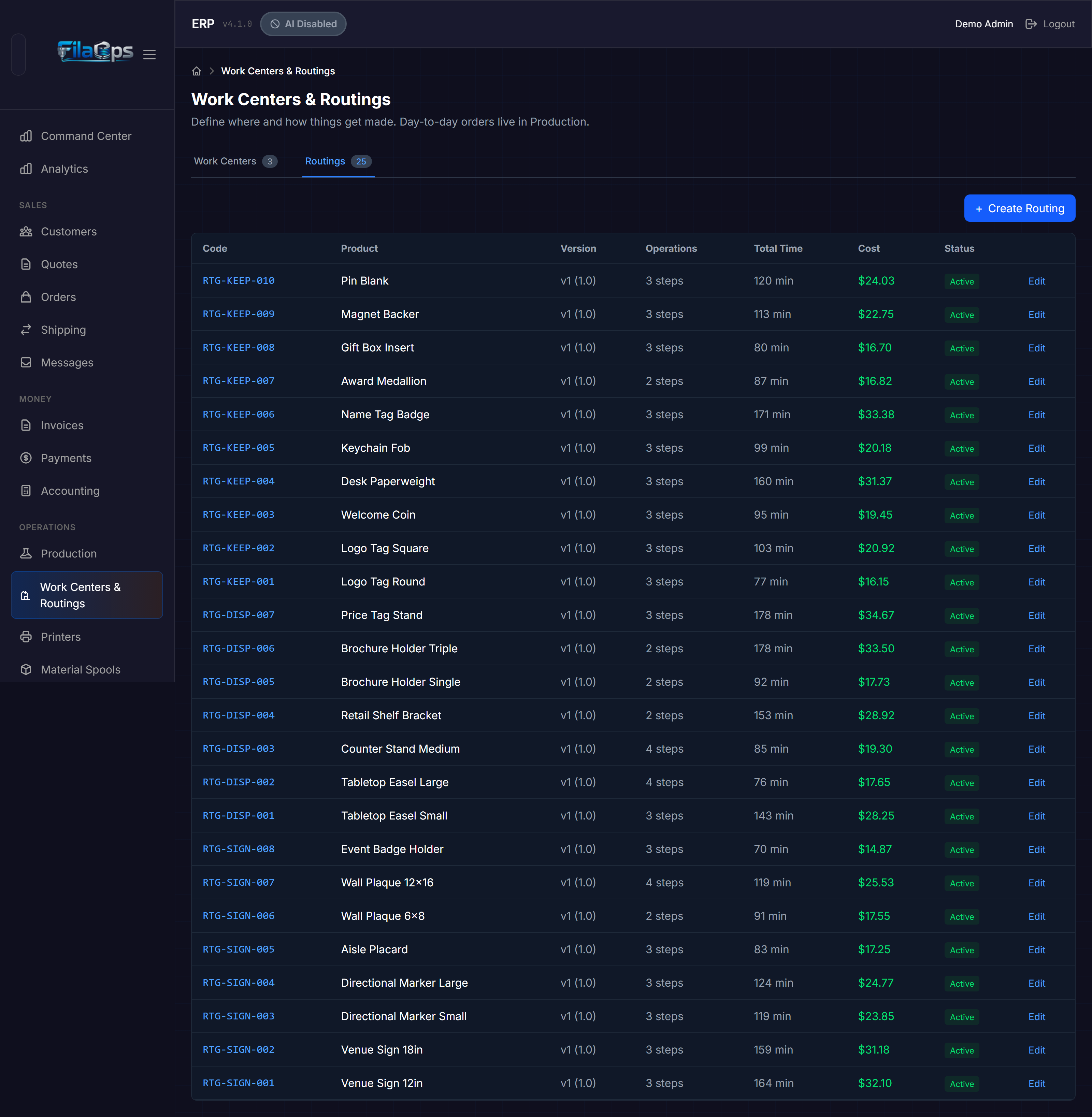 Routings tab showing Create Routing button and routing list
