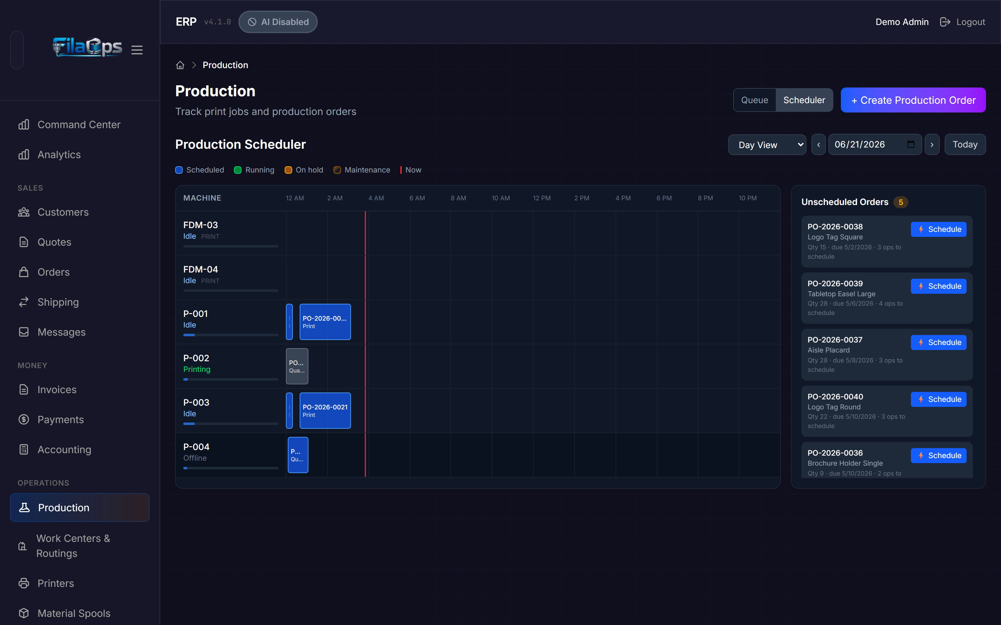 Production Scheduler board showing machine lanes, scheduled operation blocks, maintenance windows, and the unscheduled queue panel